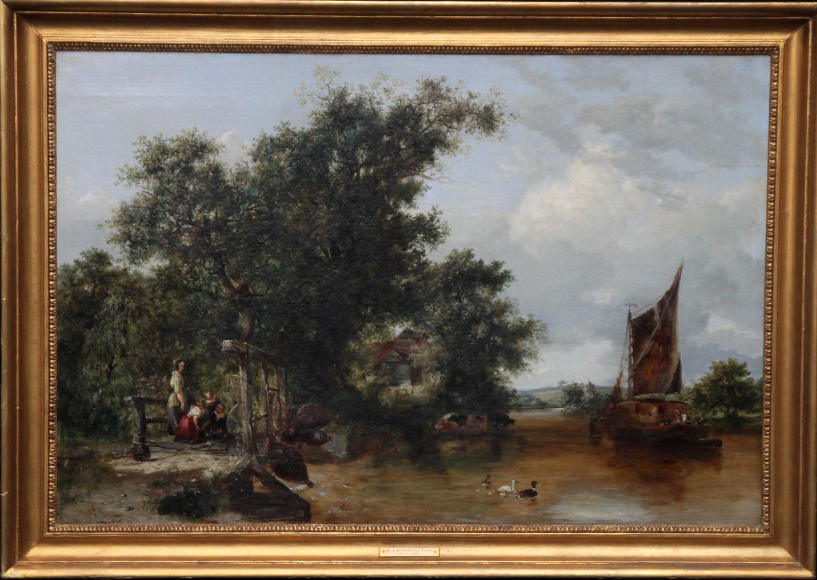 Art Pulling In The Creel Nets   British Victorian Art River Landscape Oil Paintingcirca 1865 photo
