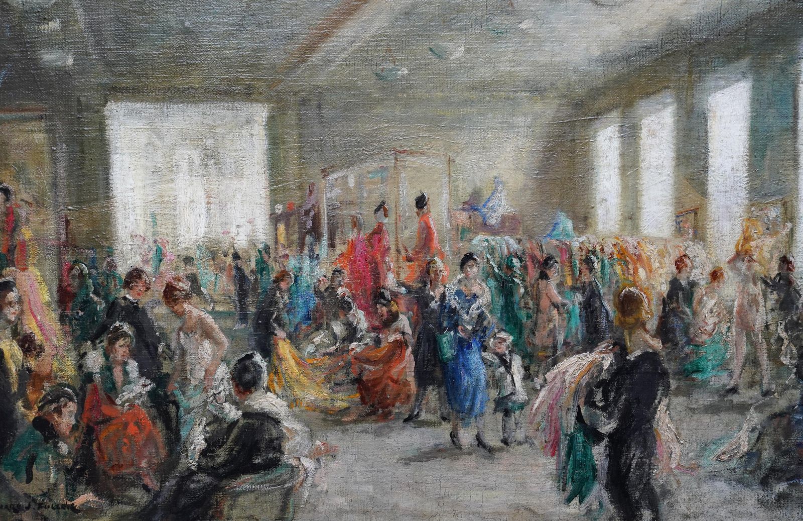 Leonard Fullerharrod's Dress Department Interior   British Impressionist Art Oil Paintingcirca 1940 photo for sale