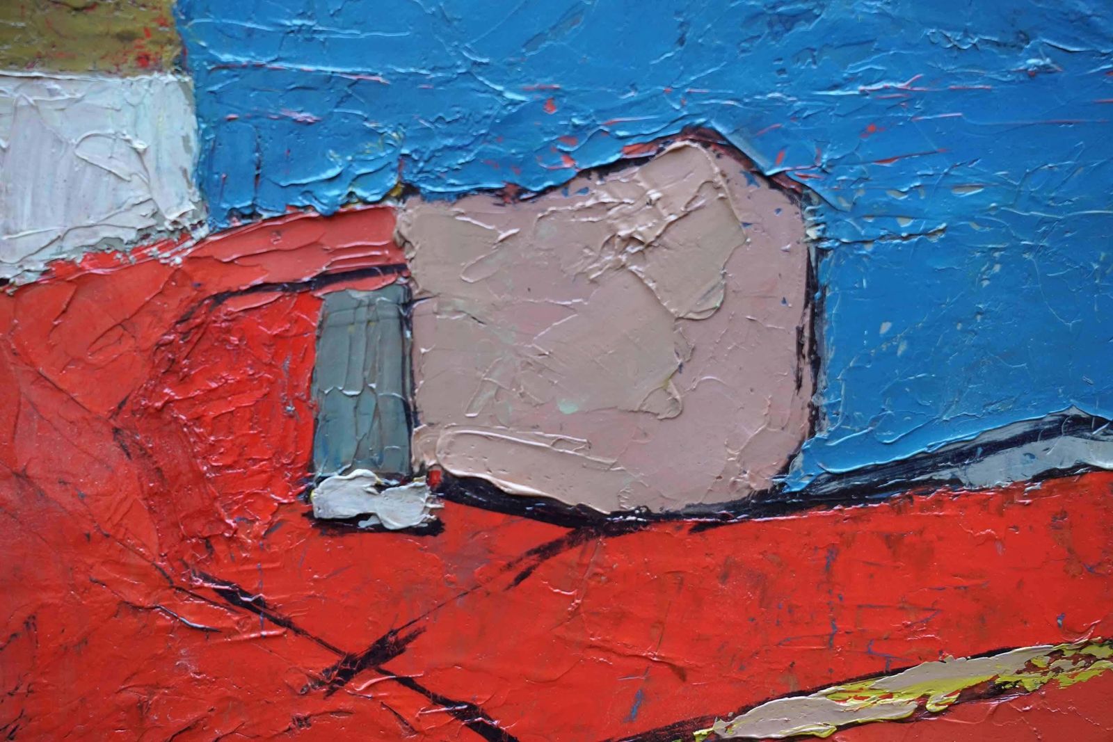 Peter L Fieldabstract Red On Blue Landscape   British Fifties Abstract Art Oil Paintingcirca 1955 photo for sale
