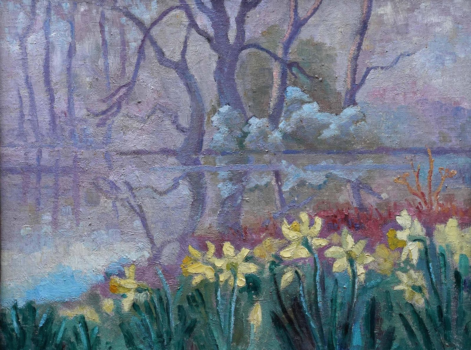 Peter L Fielddaffodils In Lake Landscape   British 50's Post Impressionist Art Oil Paintingcirca 1955 photo furniture