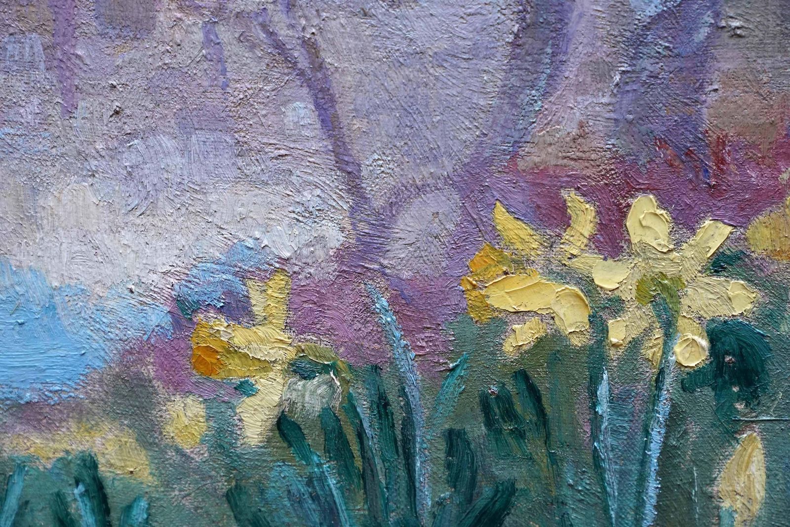 Peter L Fielddaffodils In Lake Landscape   British 50's Post Impressionist Art Oil Paintingcirca 1955 photo Art