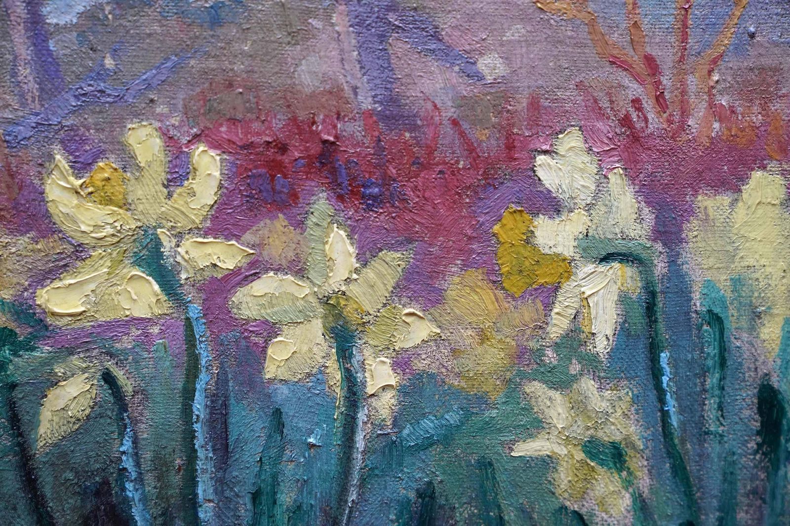 Peter L Fielddaffodils In Lake Landscape   British 50's Post Impressionist Art Oil Paintingcirca 1955 photo 2238.0