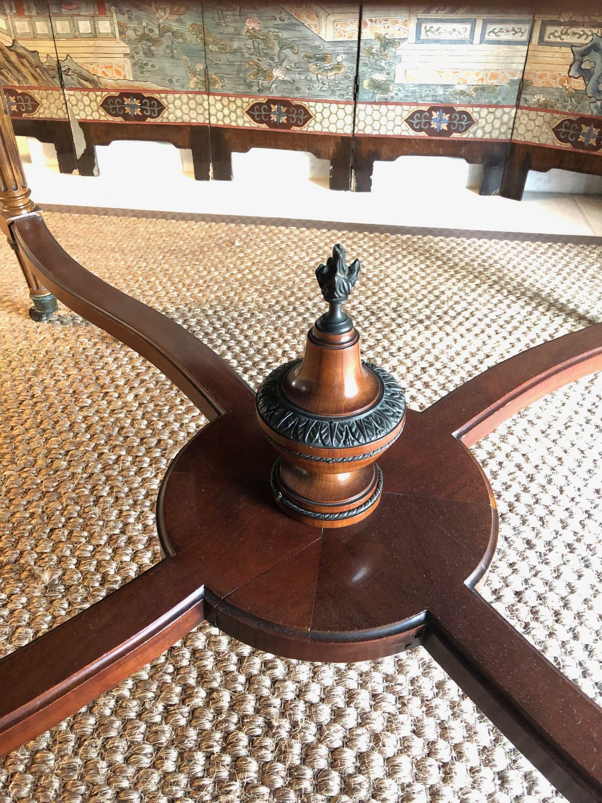 Large Pedestal Table With Central Leg In Mahogany, Brass And Bronze And Which Can Form A Large Dining Room Table photo vintage