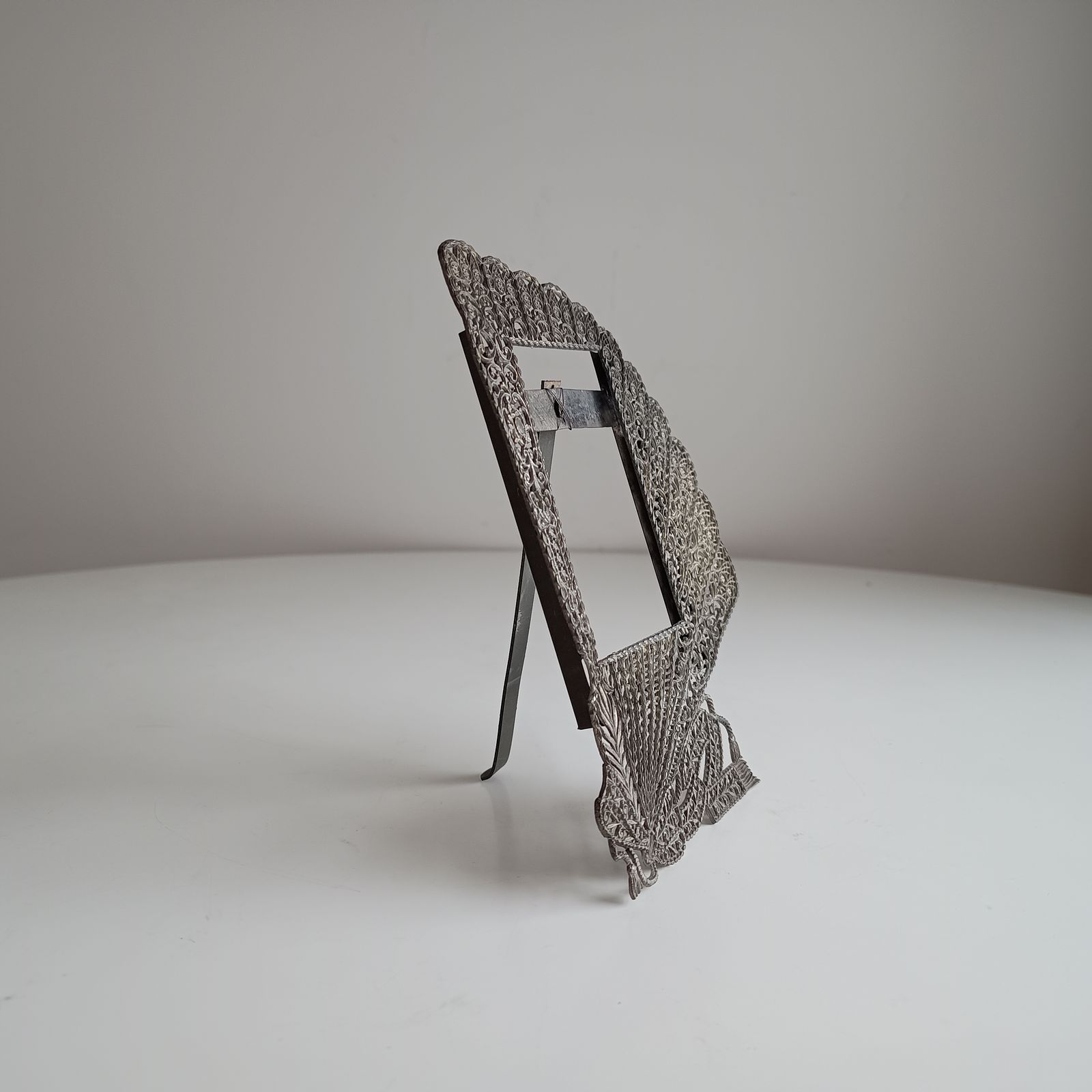 photo for sale Antique Jugendstil Faux Filigree Curtain Shaped Tabletop Easel Stand Photo Frame Impressed Toleware C 1900