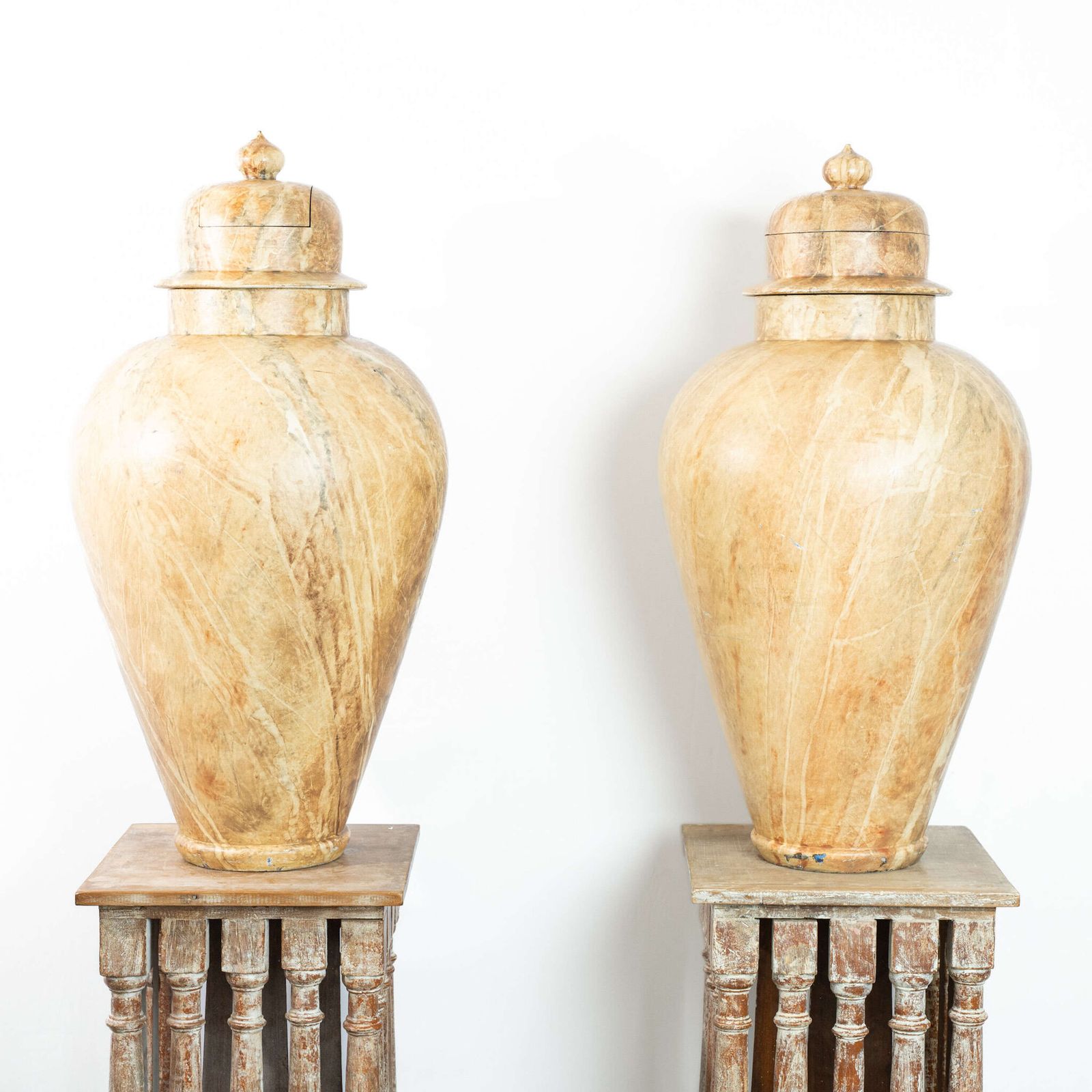 Extraordinary Scale Pair Of French 19th Century Marble Effect Wooden Urns photo furniture