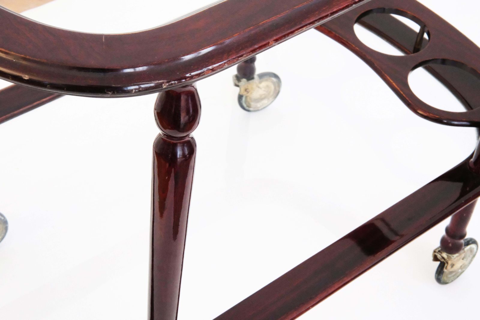 20th C. Two Tier Serving Cart In Varnished Wood & Glass With Brass Details, 1940 photo 1050.0