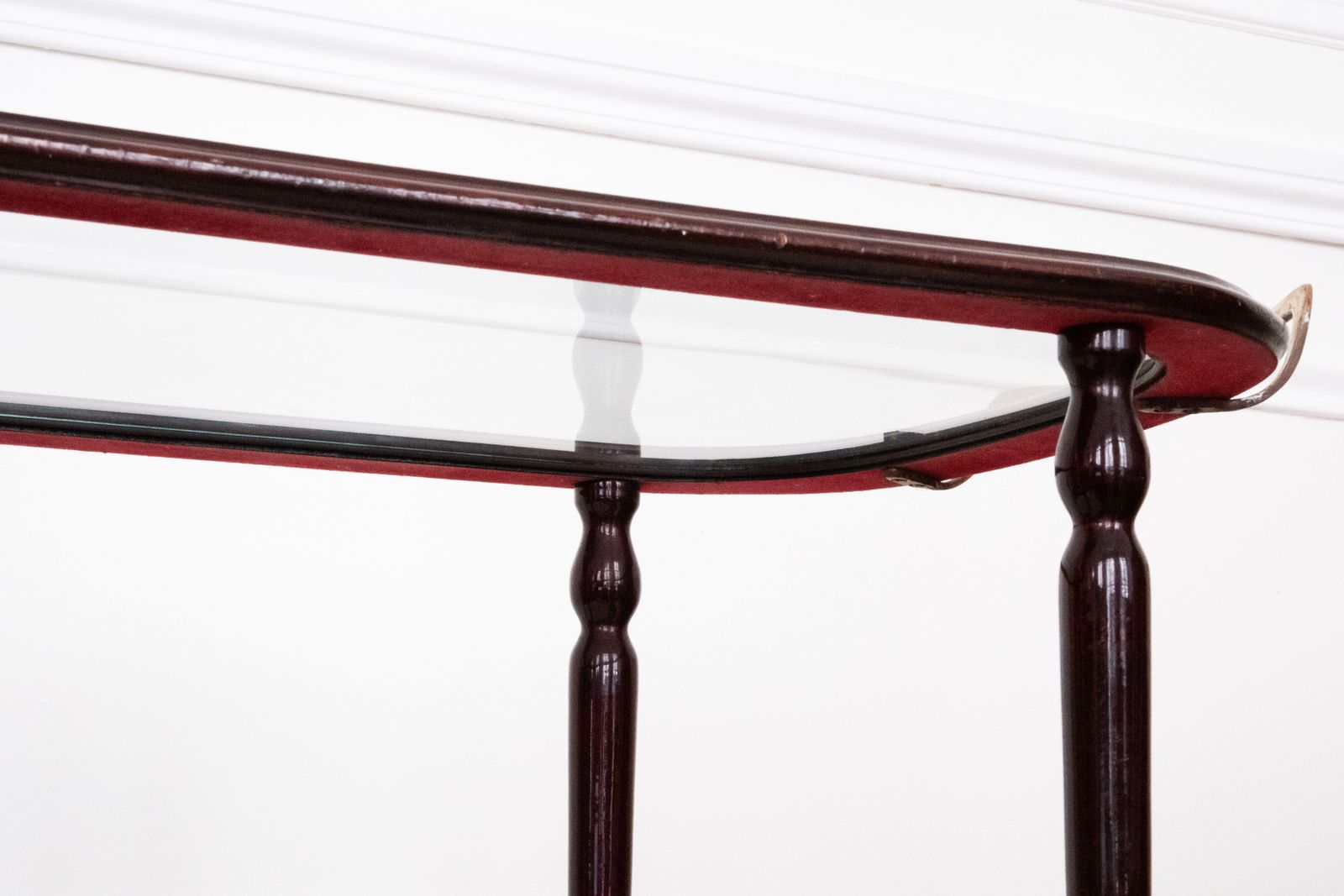 photo furniture 20th C. Two Tier Serving Cart In Varnished Wood & Glass With Brass Details, 1940