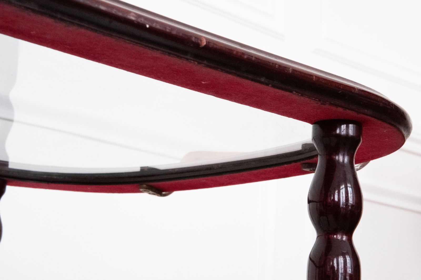 photo for sale 20th C. Two Tier Serving Cart In Varnished Wood & Glass With Brass Details, 1940