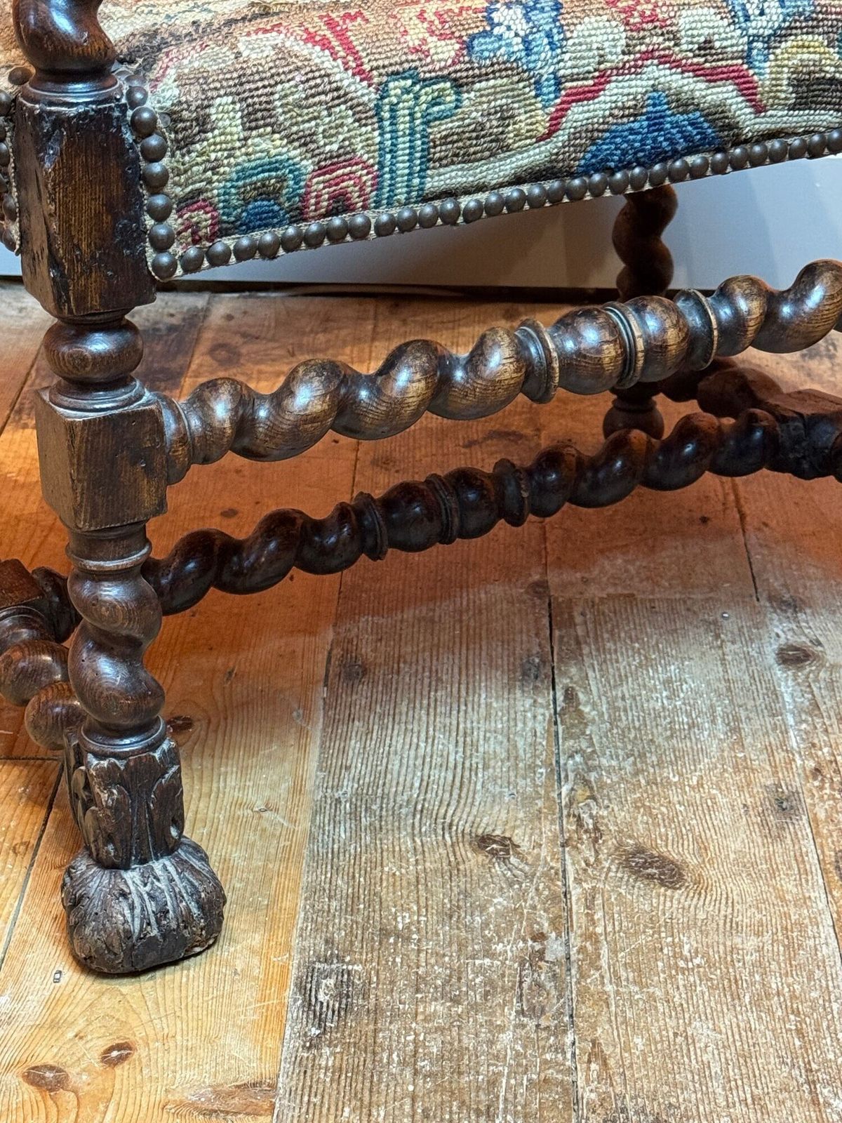 French 17th Century Carved Oak Armchair With Upholstery photo for sale