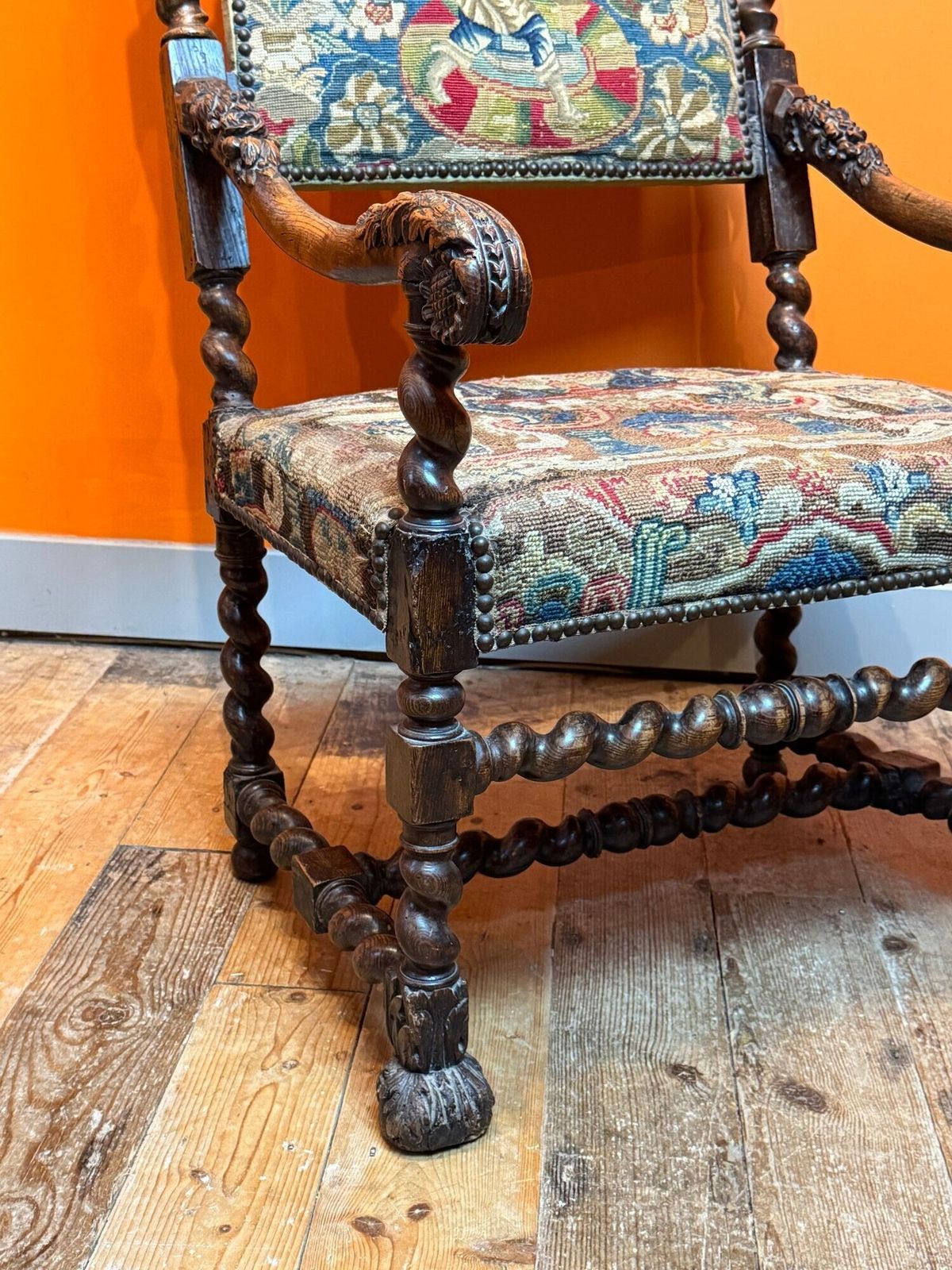 French 17th Century Carved Oak Armchair With Upholstery photo buy