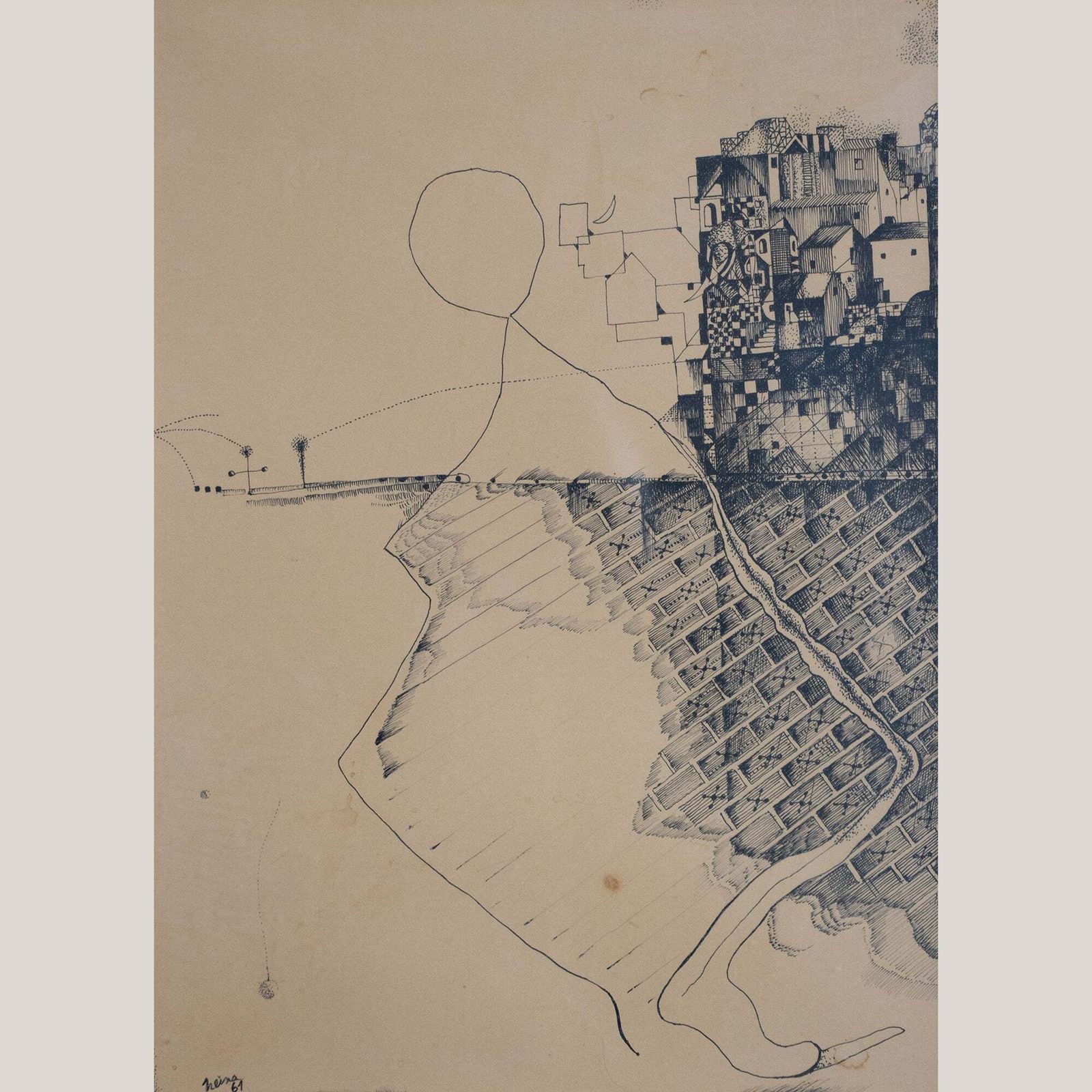 Surrealistische Architecturale Compositie – Pentekening In Inkt (1961)