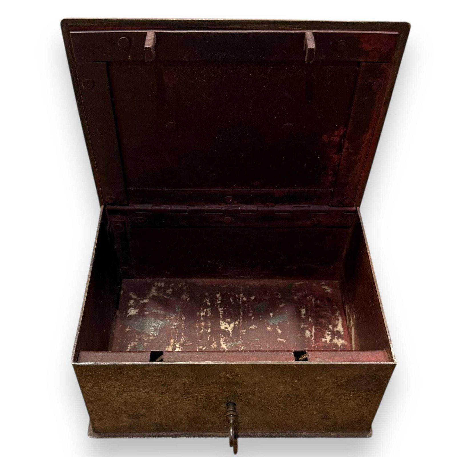 Antique 19th Century Military Steel Lockbox With Key – Strong Box – Industrial Decor photo for sale