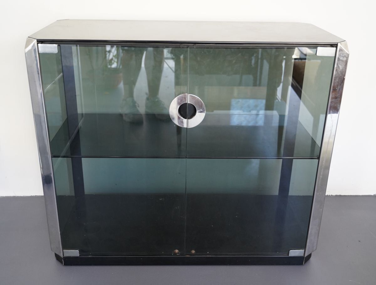 Italian Glass And Chrome Cabinet By Willy Rizzo For Mario Sabot, 1970s