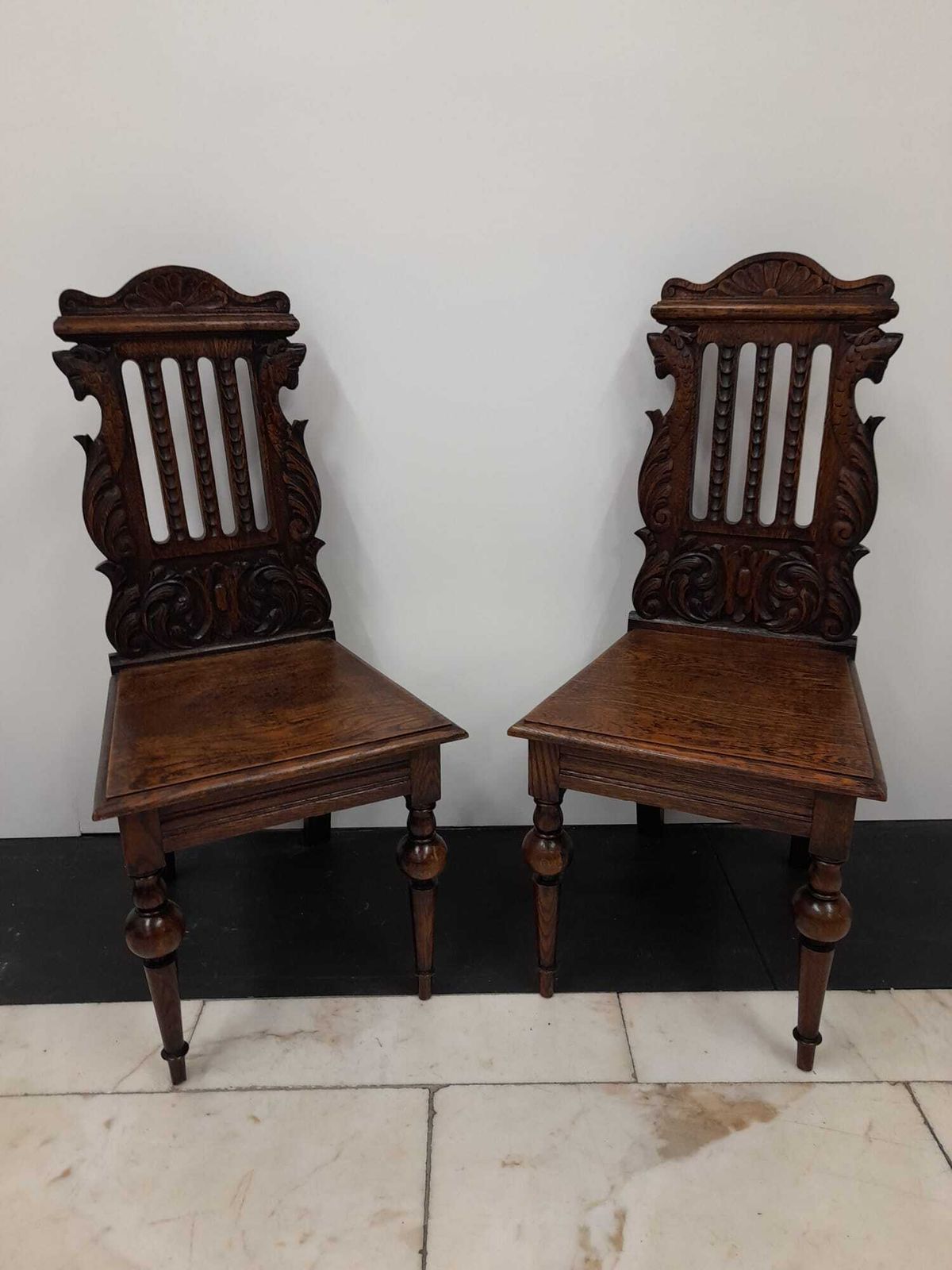 Chairs Antique Pair Of Oak Carved Hall Chairs photo vinterior