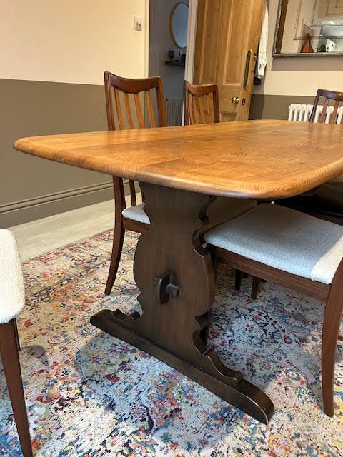 Ercol Style 6 Seater Table With 6 G Plan Refurbished Chairs With Cream Boule Seat Pads photo Furniture