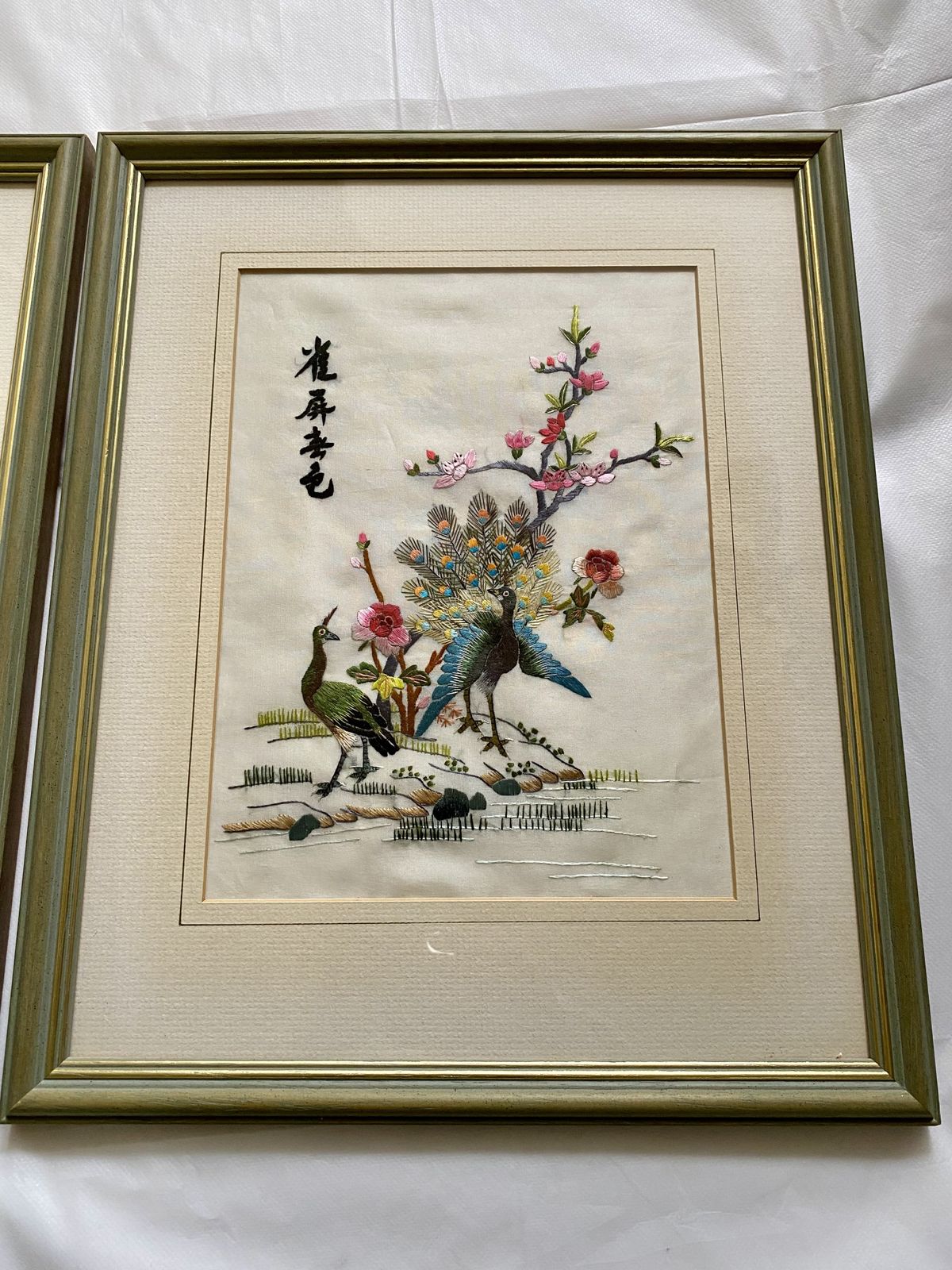 photo for sale 1960s 70s Pair Of Chinese Embroidery On Silk Oriental Pictures Peacocks Flowers Birds