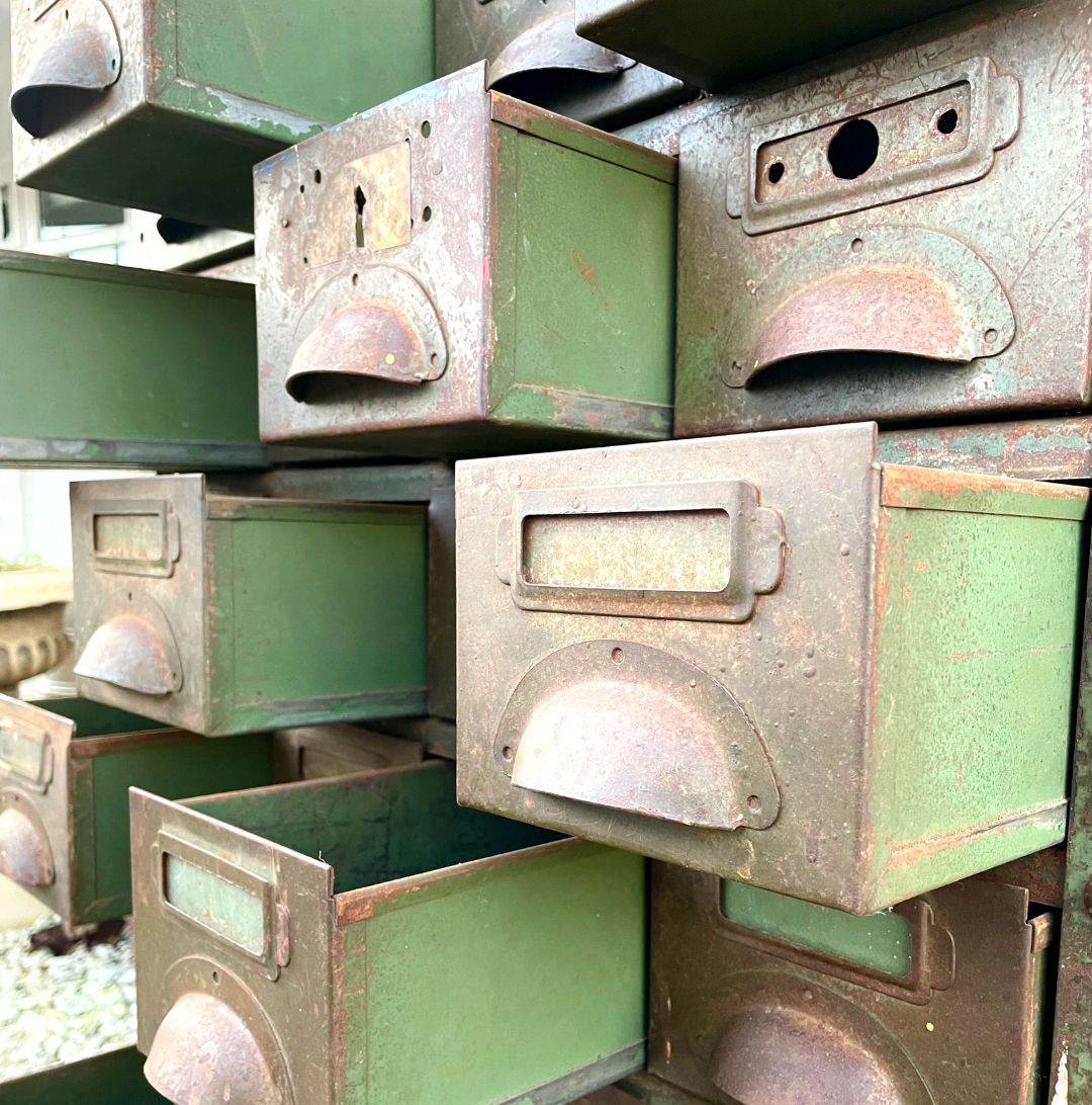 Bank Of Industrial Metal Drawers With Cup Handles photo furniture