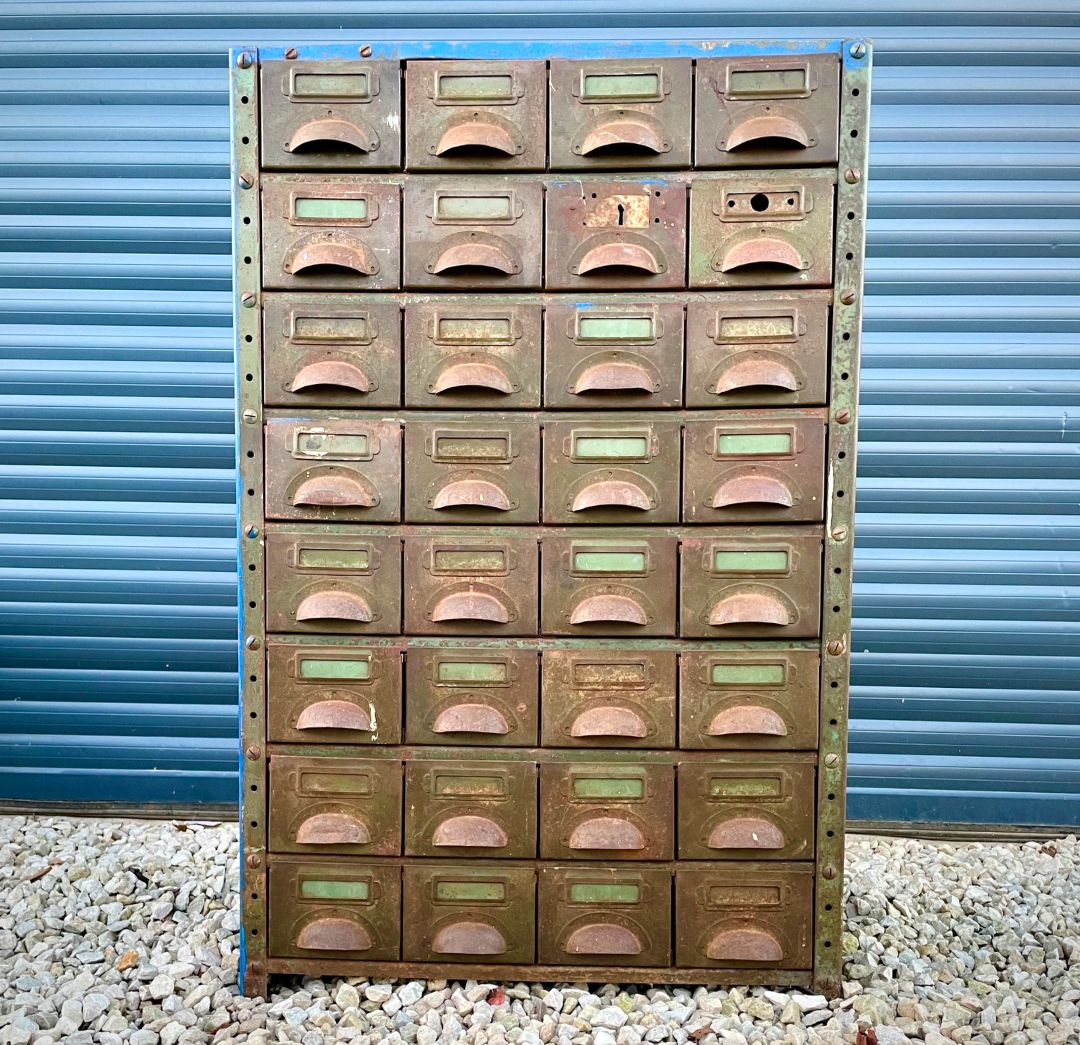 Bank Of Industrial Metal Drawers With Cup Handles photo for sale