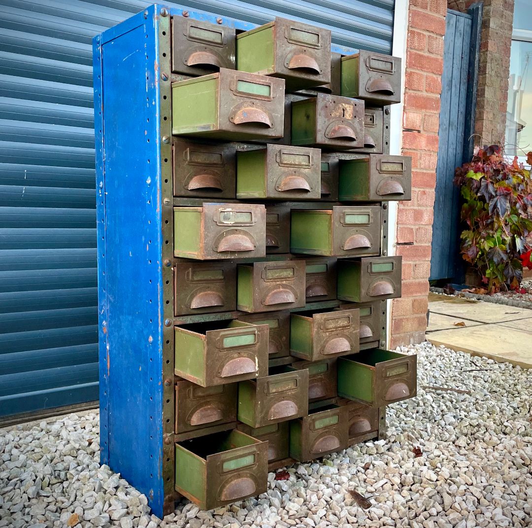 Bank Of Industrial Metal Drawers With Cup Handles photo Furniture