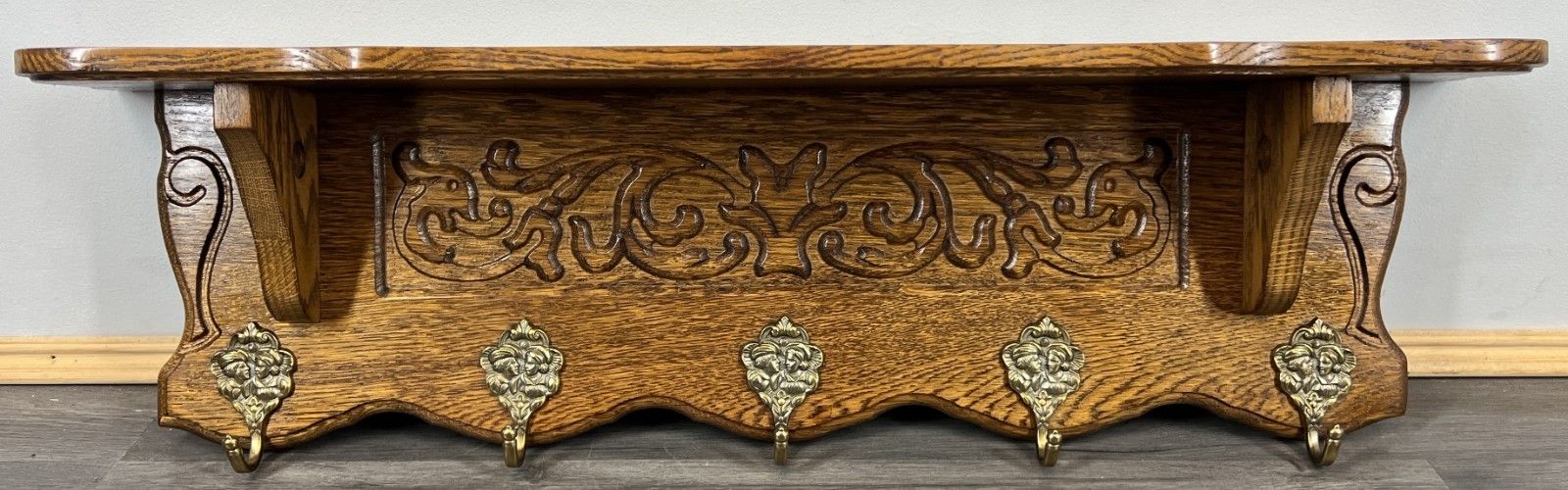 French Vintage Coat Rack Oak 5 Hooks Ornate Wall Shelf Carved Coat Lot 4443 photo furniture