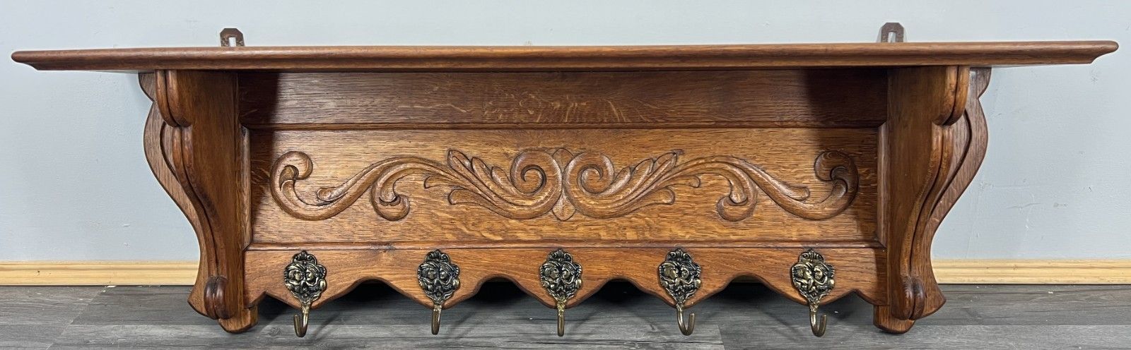 French Vintage Coat Rack Oak 5 Hooks Ornate Wall Shelf Carved Coat Lot 4445 photo furniture