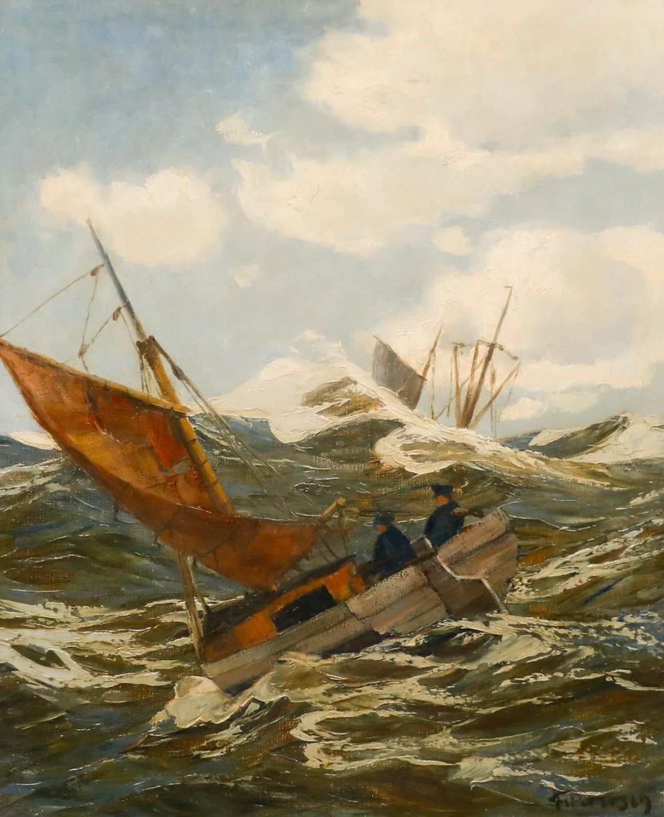 F. Petersen Framed Mid 20th Century Oil, Fishing Boat In High Waves photo furniture