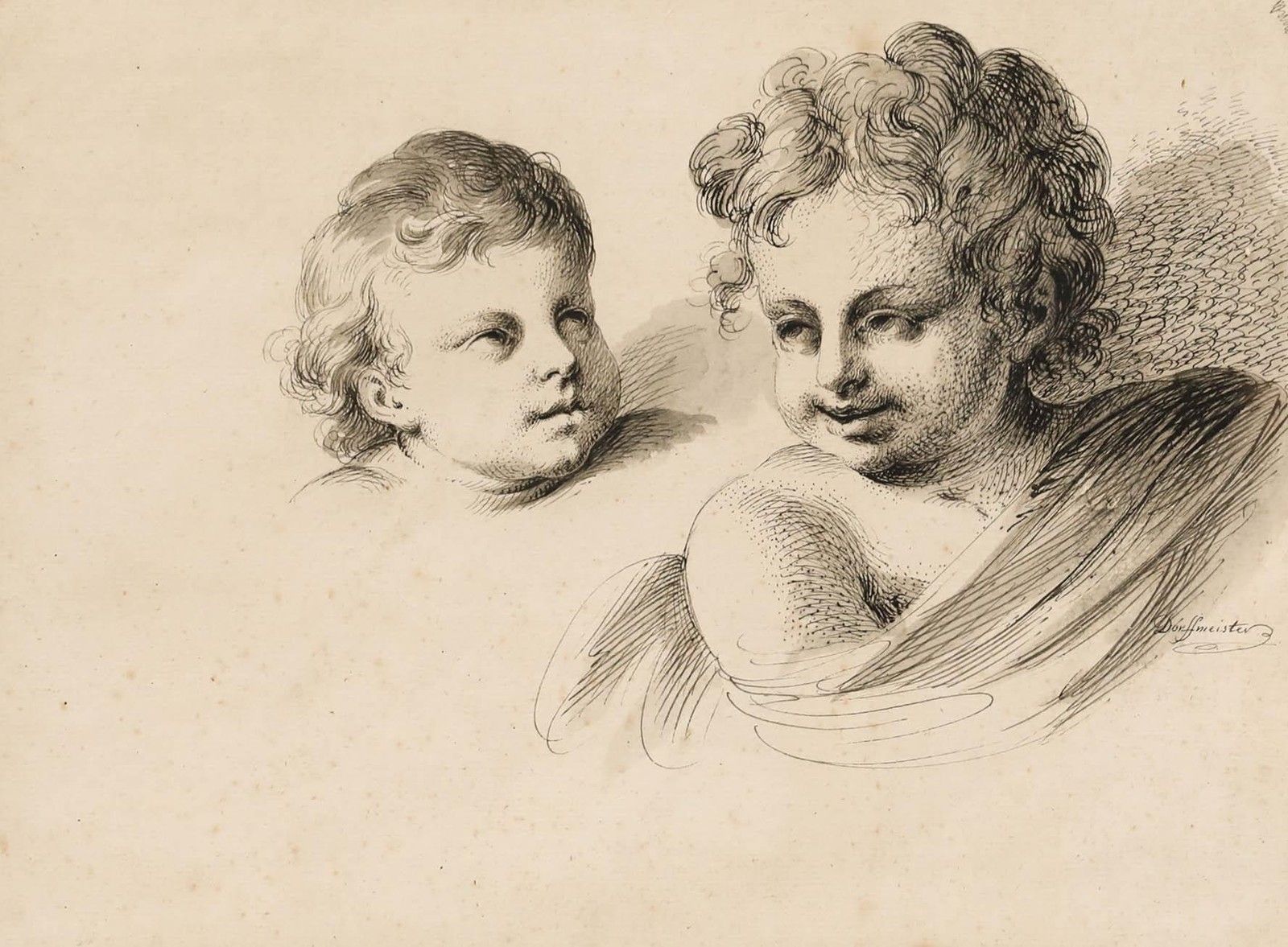Joseph Dorffmeister (1764 1806) Pen And Ink Drawing, Putti Head Studies photo furniture