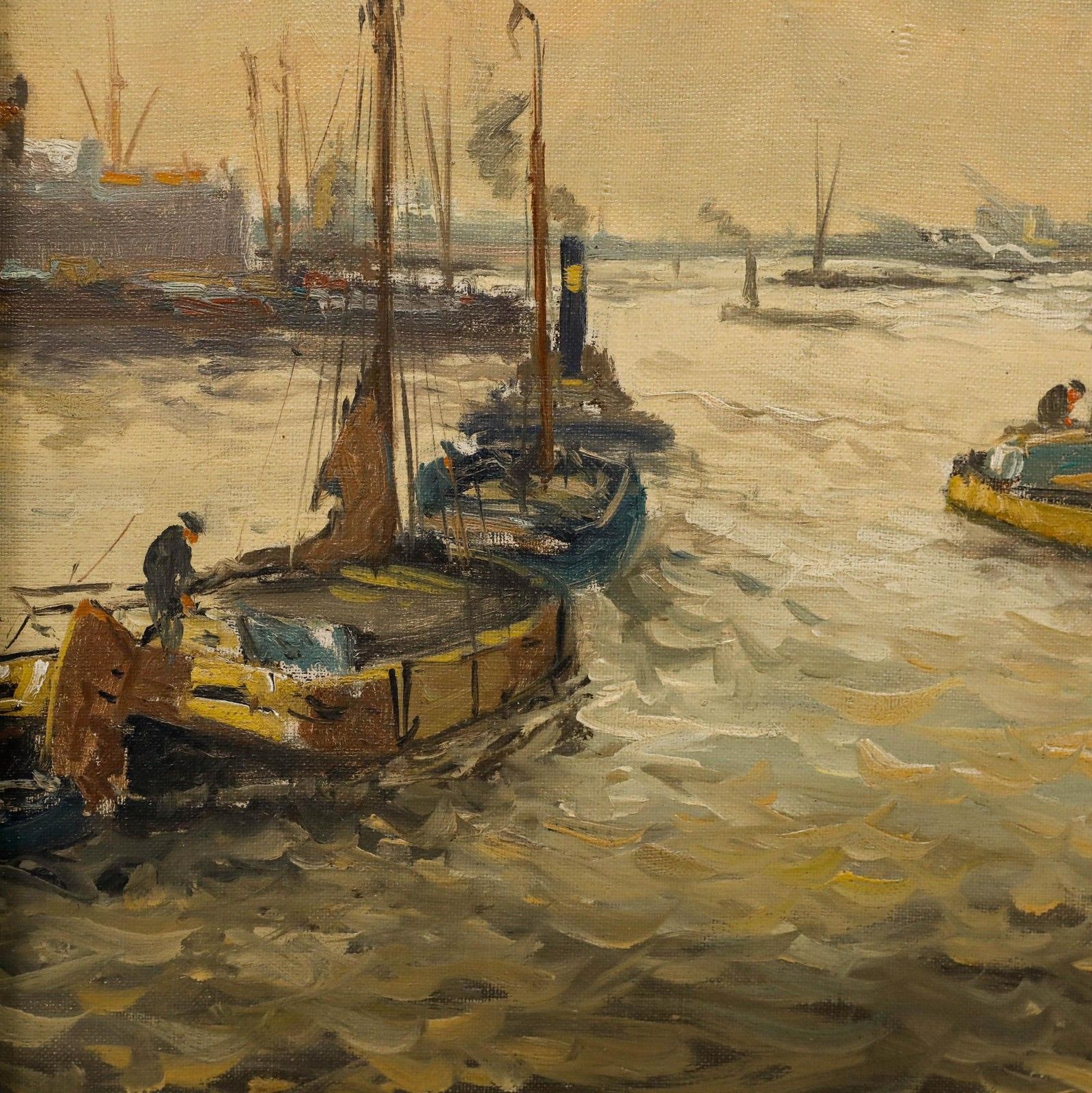 Framed Early 20th Century Oil Early Morning At The Harbour photo Art