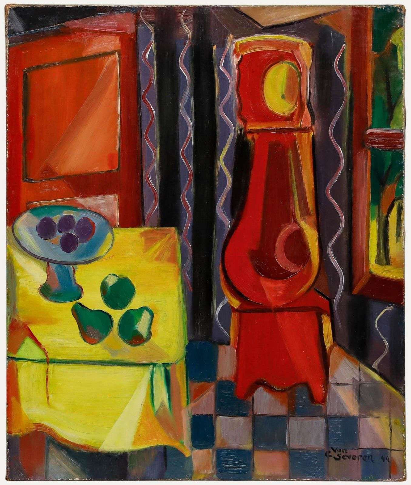 C. Van Severen 1944 Oil, Still Life With Grandfather Clock