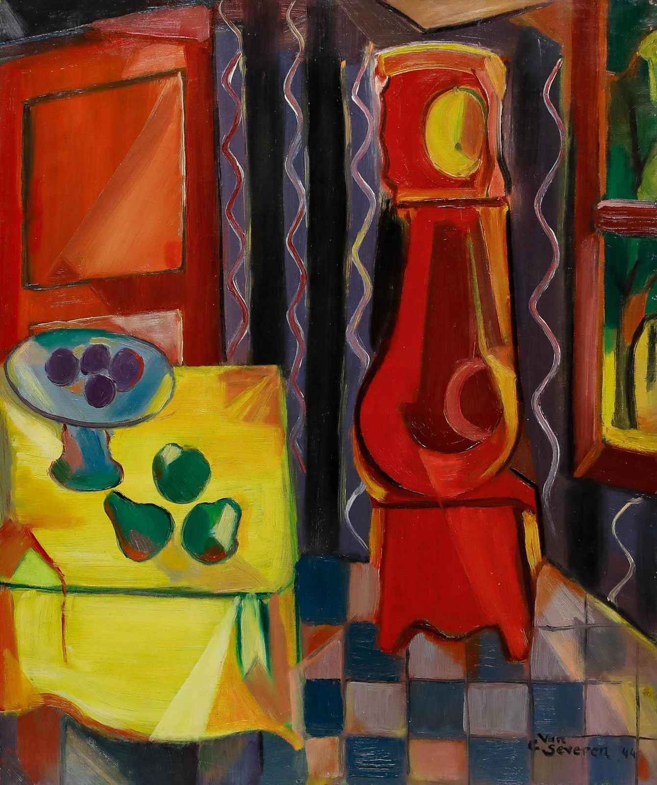 C. Van Severen 1944 Oil, Still Life With Grandfather Clock photo furniture