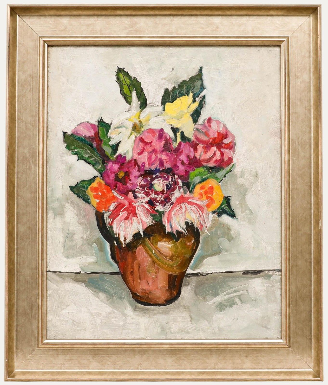 Framed 20th Century Oil Still Life Of Flowers