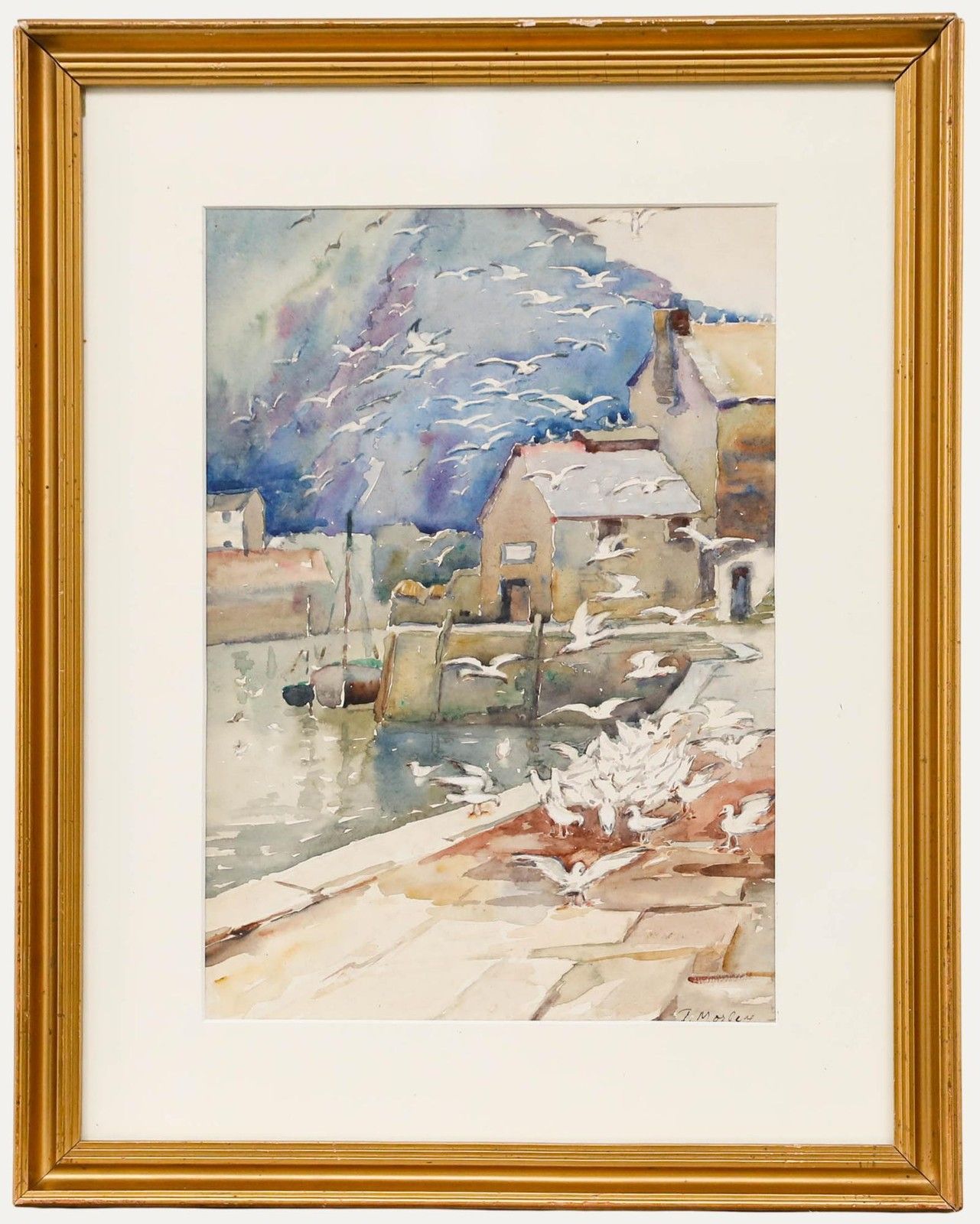 J. Morley Early 20th Century Watercolour, Seagulls At The Harbour