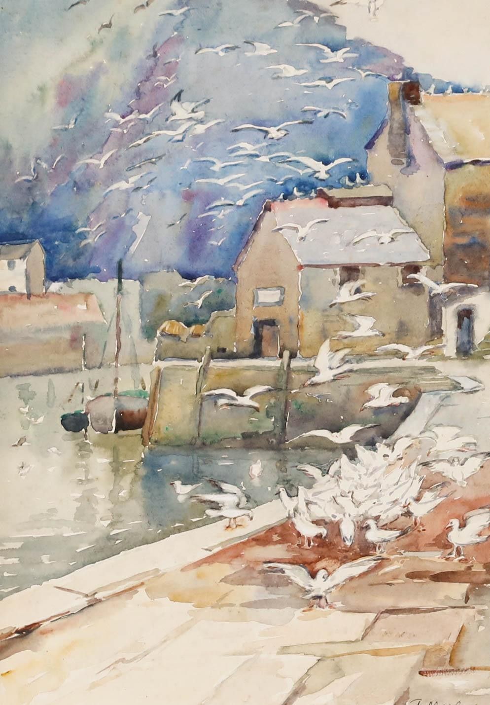 J. Morley Early 20th Century Watercolour, Seagulls At The Harbour photo furniture