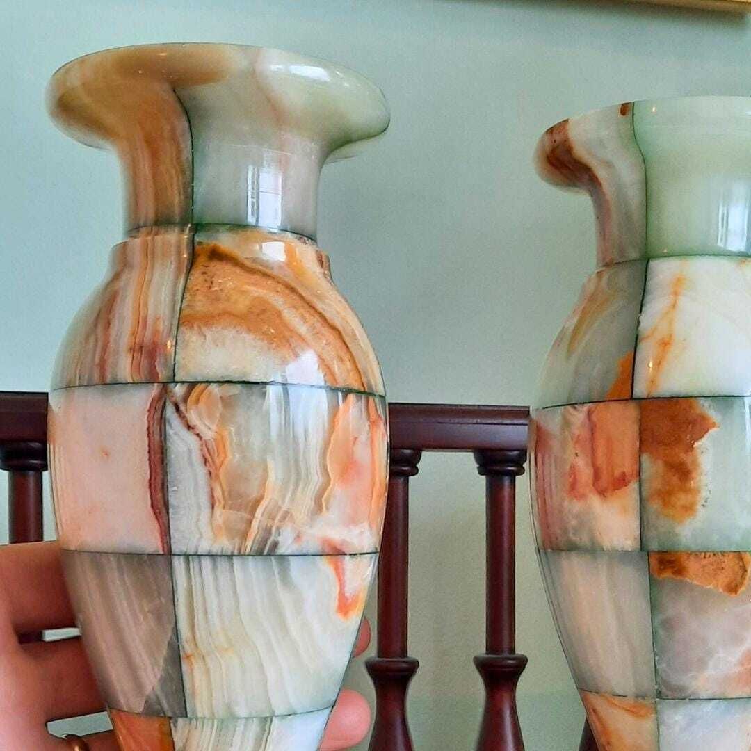 Vintage Green Onyx Checkboard Vases Pair Natural Stone Very Good Condition photo vinterior