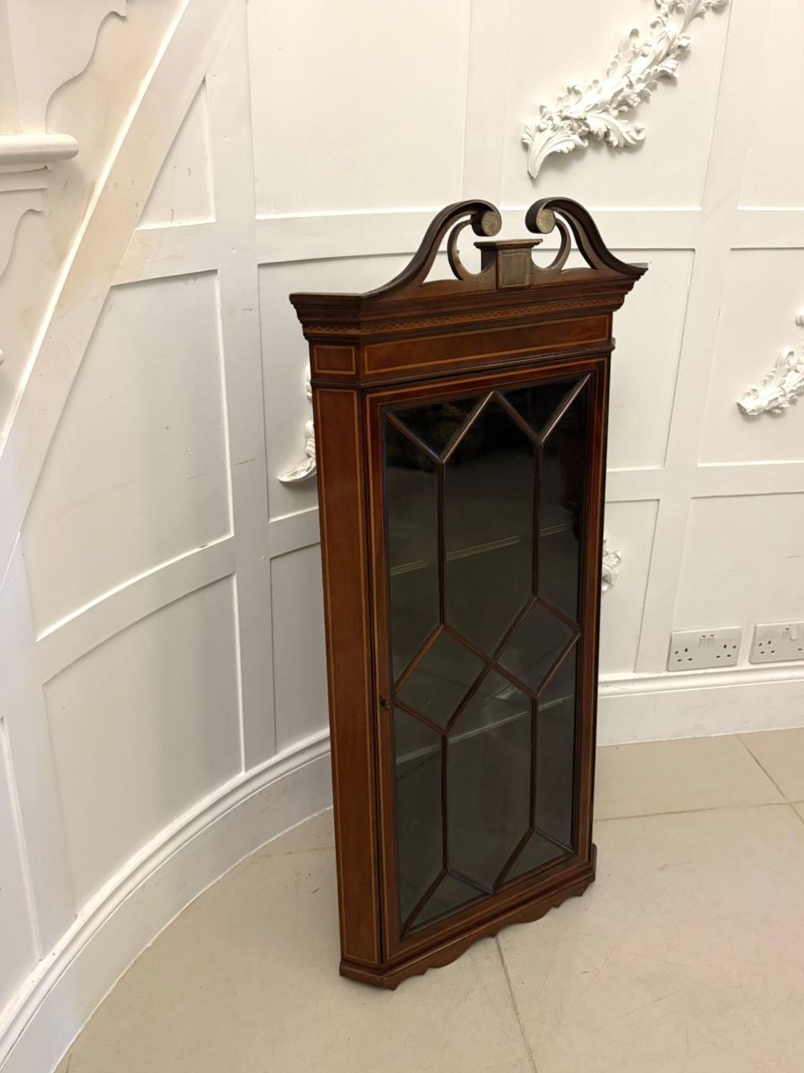 Antique Early 20th Century Quality Inlaid Mahogany Wall Hanging Corner Display Cabinet photo vinterior