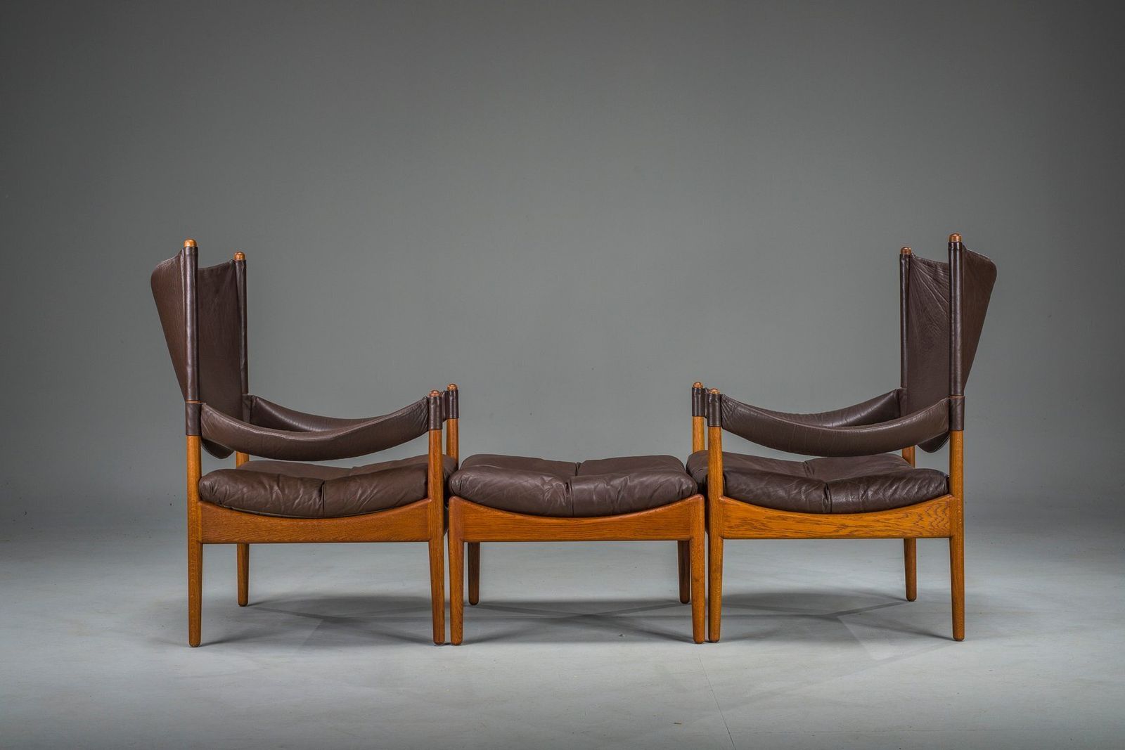 Furniture Mid Century Modern Danish Oak And Leather Lounge Chairs With Ottoman By Kristian Vedel For Søren Wiladsen, 1960s, Set Of 3 photo