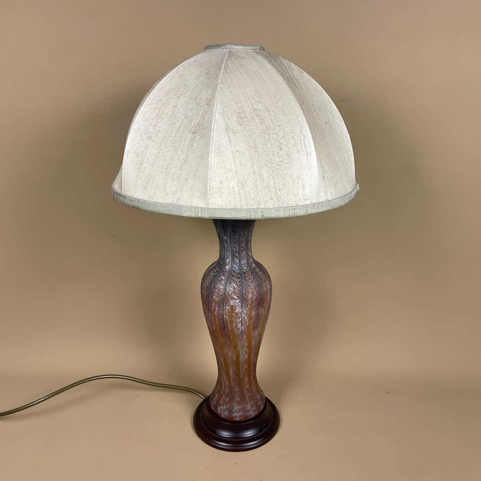 Patterned Glass Lamp Light Bedside Table Pattern Orange Silk Dome Lampshade Shade Vase Vintage Antique Wood Base Classic Accent photo Lighting