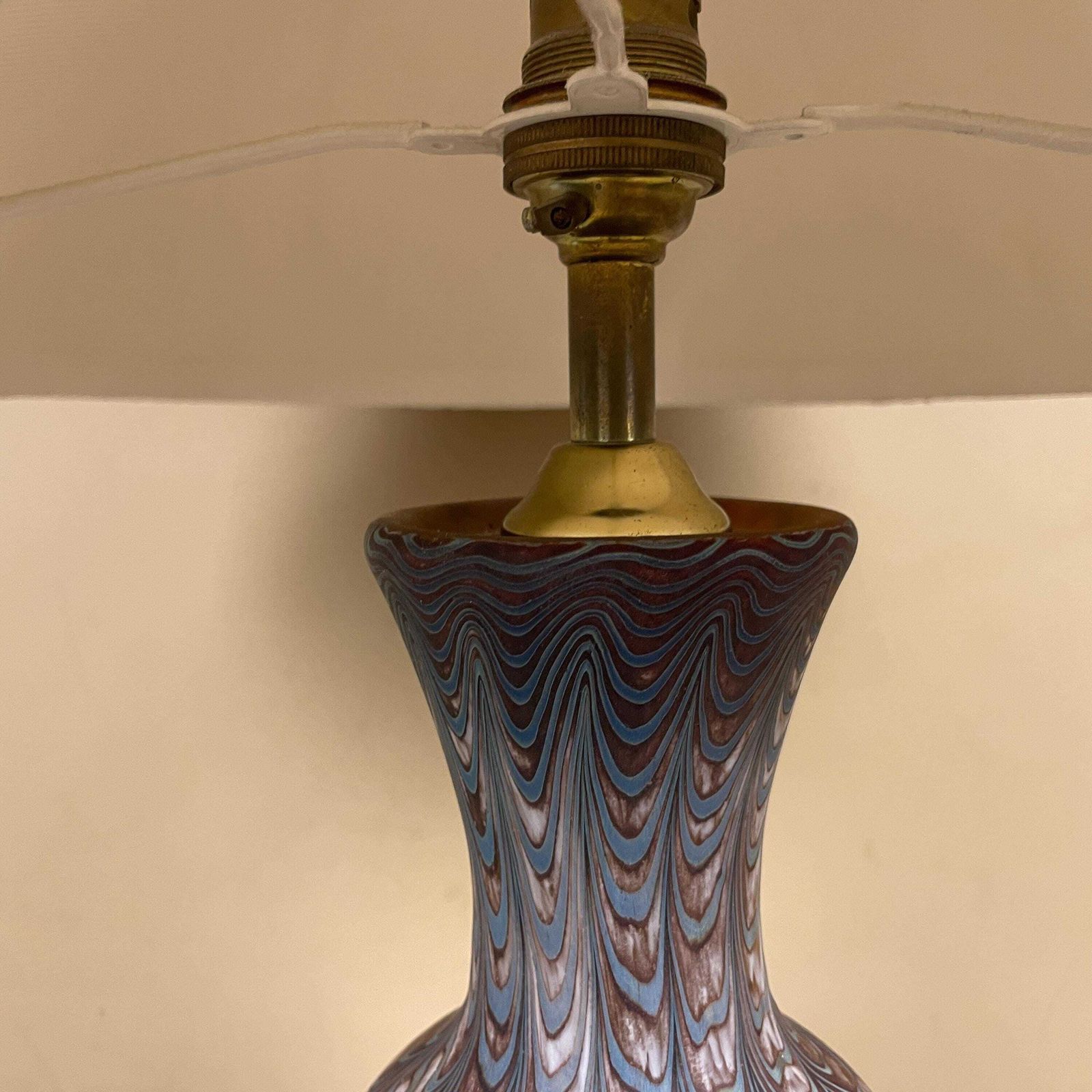 Patterned Glass Lamp Light Bedside Table Pattern Orange Silk Dome Lampshade Shade Vase Vintage Antique Wood Base Classic Accent photo 169.0