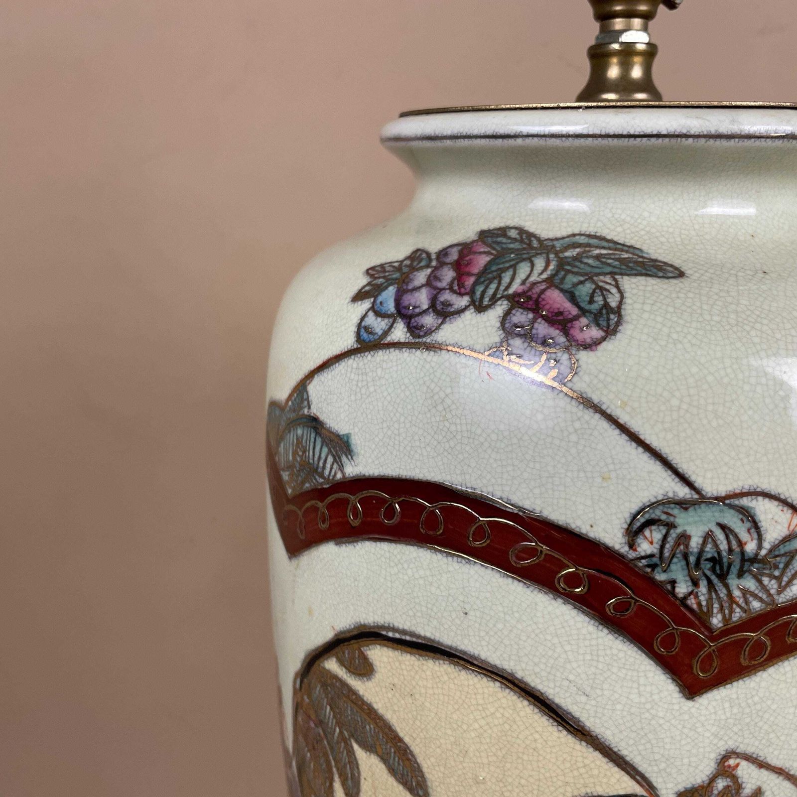 Large Oriental  Ceramic Lamp Light Bedside Table Hand Painted Fruit Design Pattern Wood Base Chinese Vase Antique Brass Vintage Ginger Jar photo buy