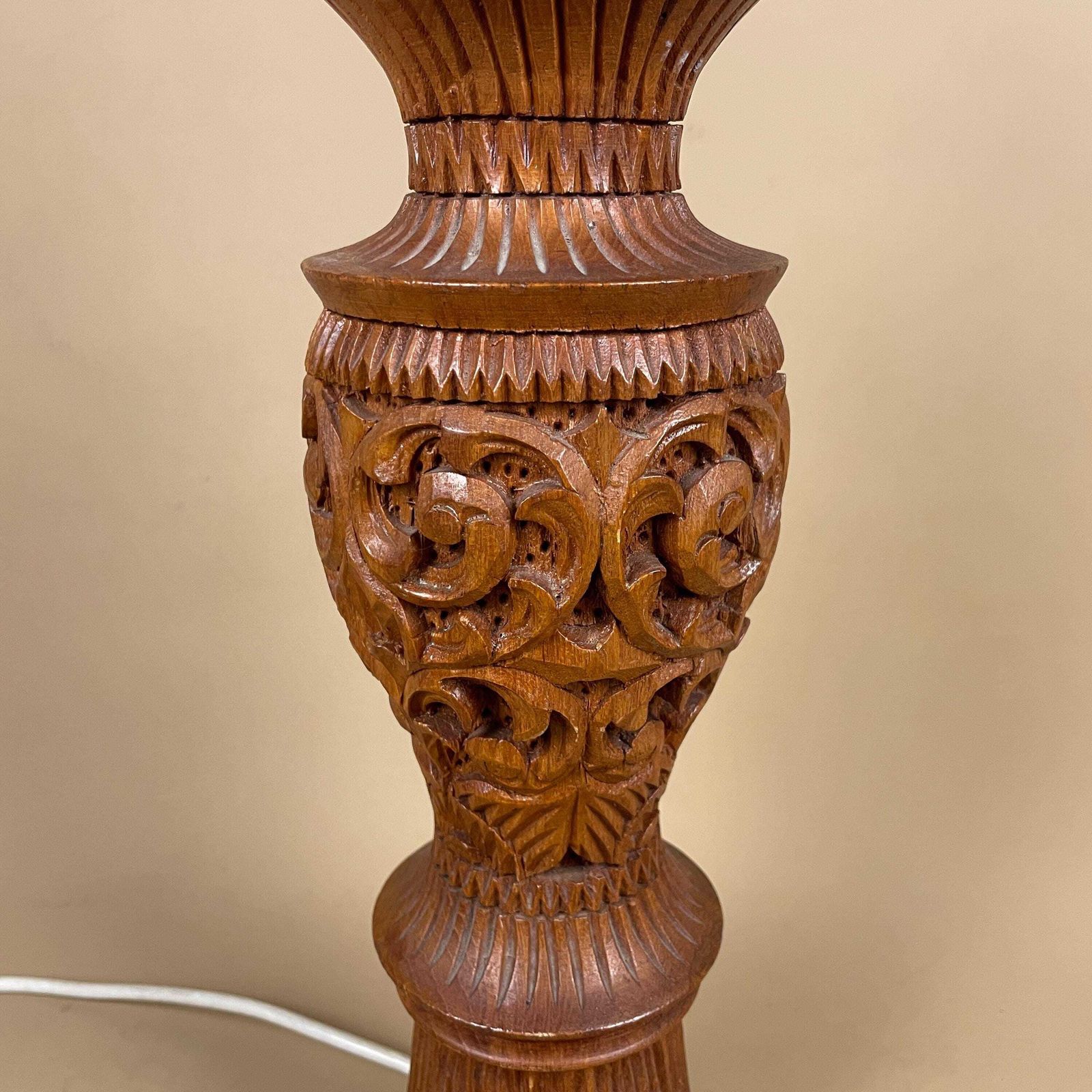 Indian Wooden Lamp Light Bedside Side Table Vintage Hand Carved Wood Asian Pattern Brown India Handmade Traditional Antique Classic photo furniture