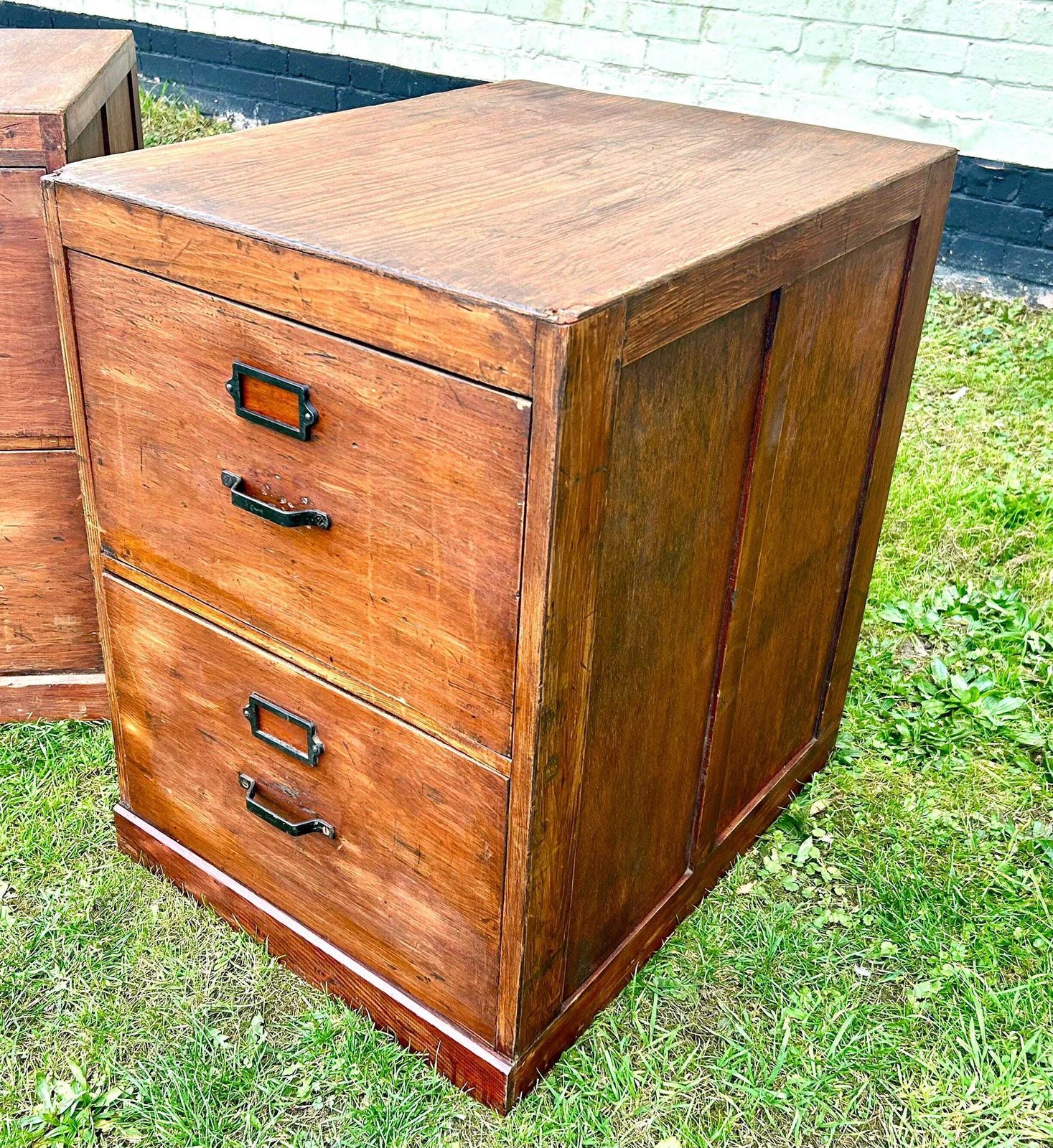 Pair Of 1950s Two Drawer Filing Cabinet Bedside Wooden Desk Industrial Antique Vintage Haberdashery Library Office photo for sale
