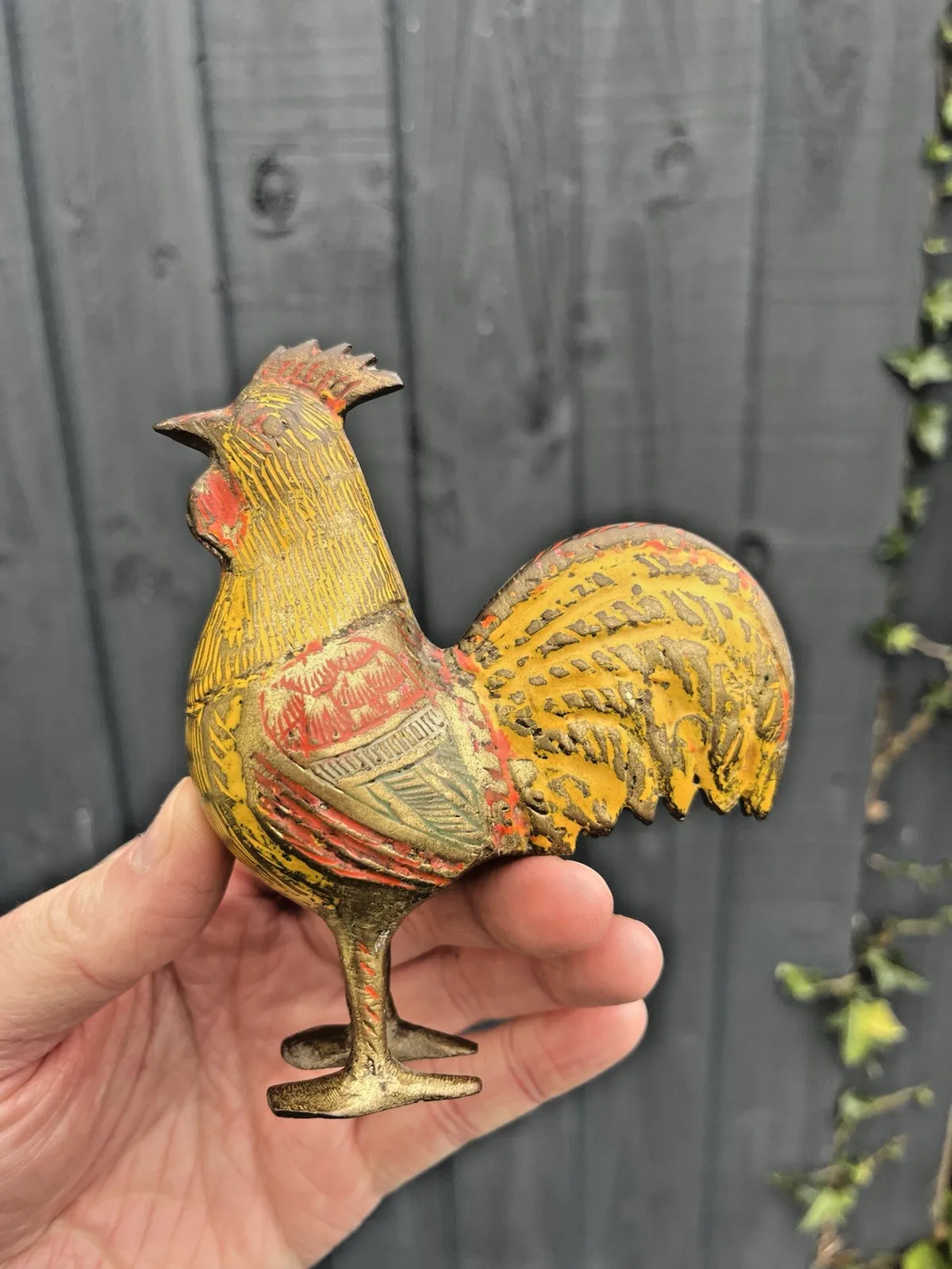 photo for sale Mid Century Indian Painted Brass Chicken Hen Rooster Farmhouse Cockerel Figurine