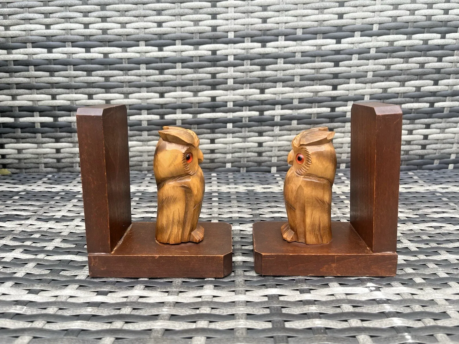 Pair Of Vintage 60's Art Deco Style Carved Wooden Owl Glass Eye Treen Bookends photo buy