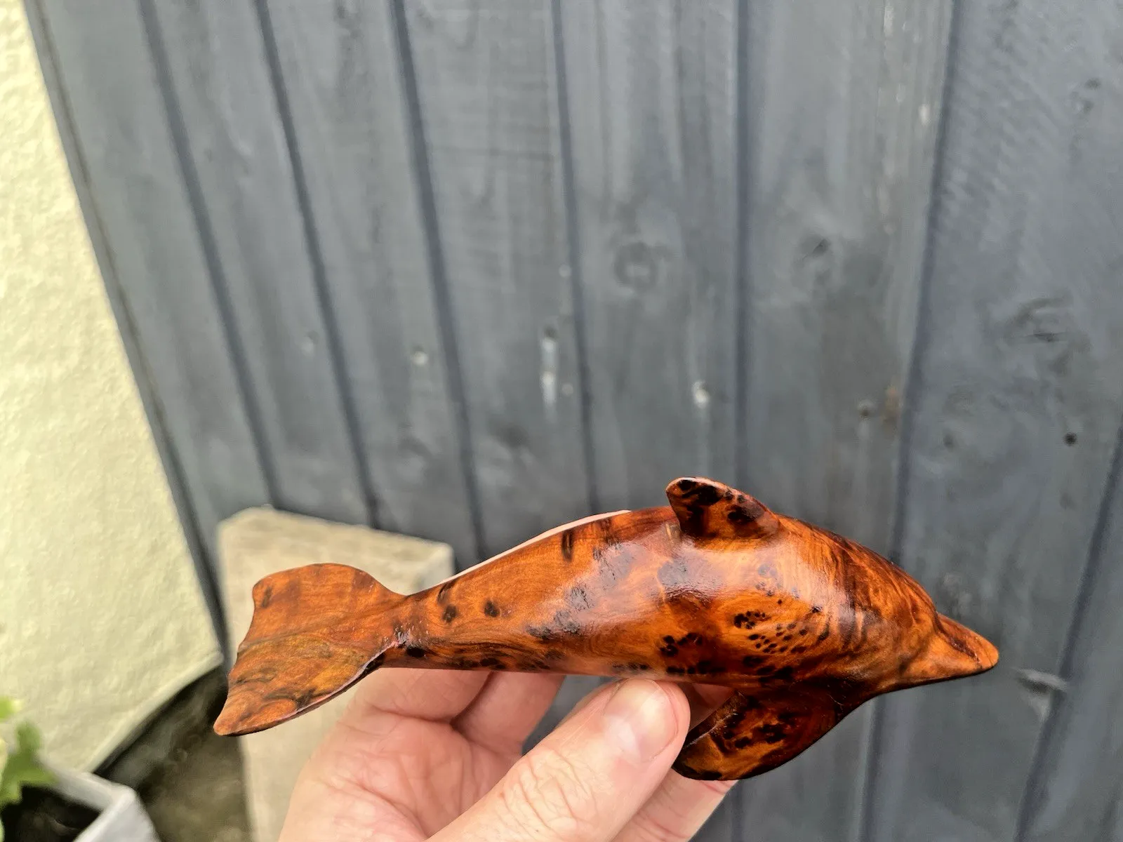 photo furniture Vintage 80's Hand Carved Burr Walnut Dolphin Sculpture Treen Wooden Ornament