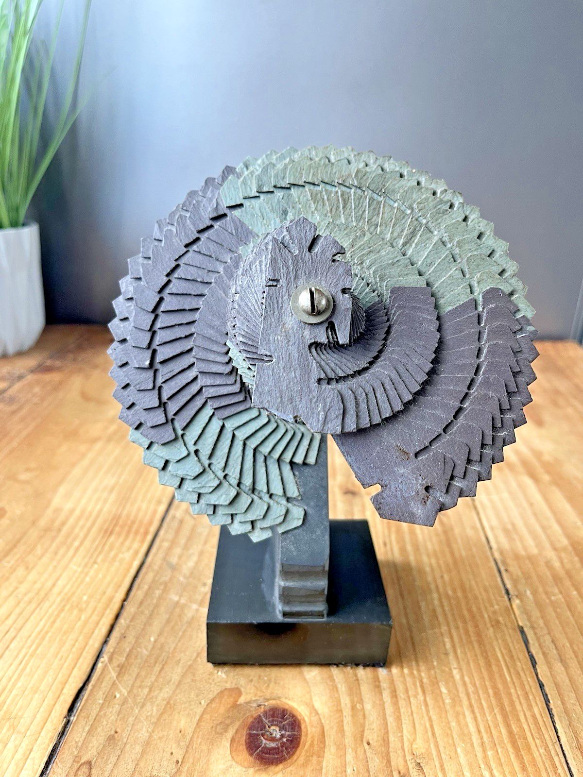 Rare 2 Tone Welsh Folk Art Carved Slate Fan Sculpture Quarryman Fireside Antique photo buy