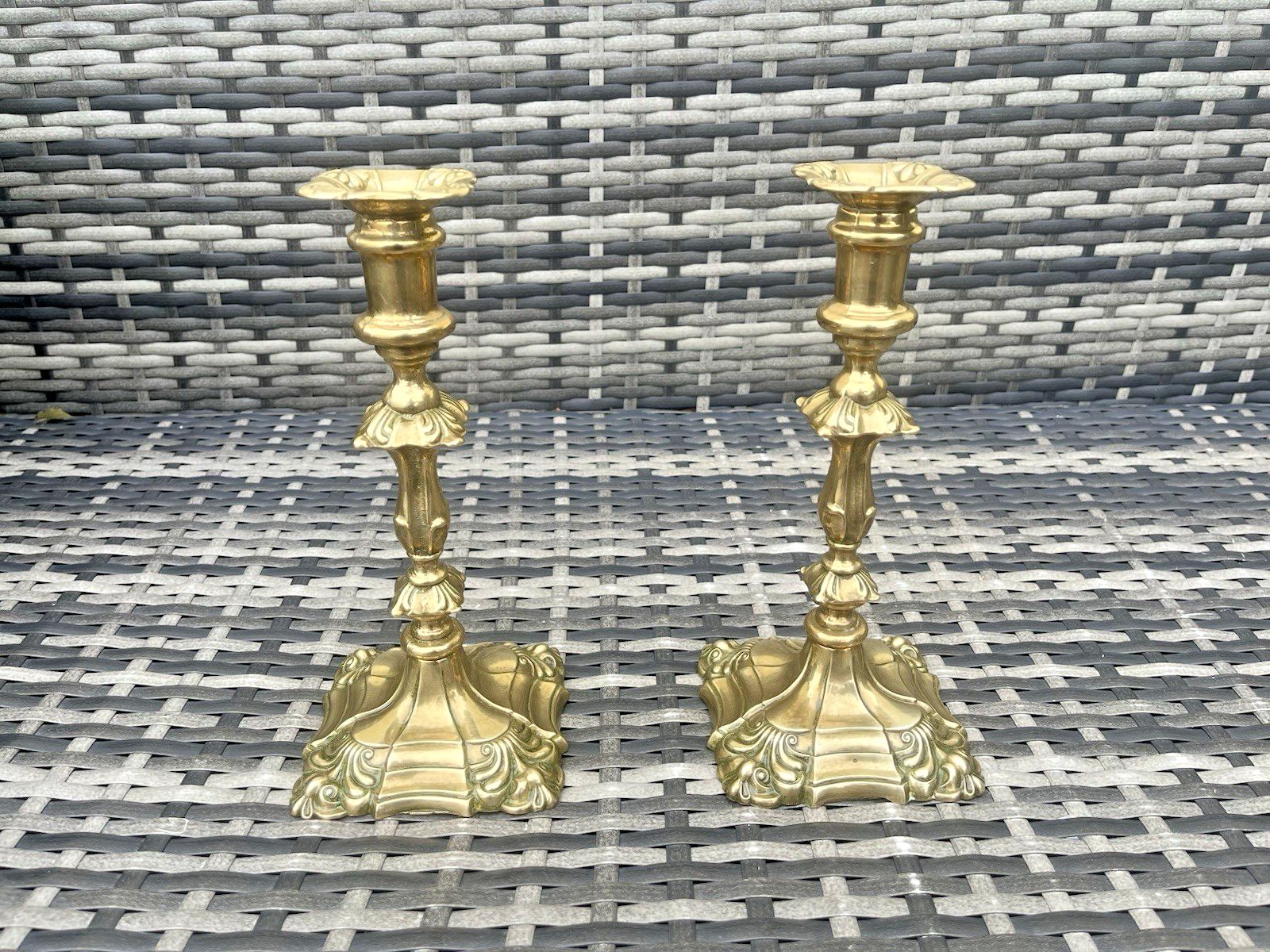photo for sale Pair Of 9" Antique French Louis XV Style Rococo Gilt Brass Ormolu Candlesticks