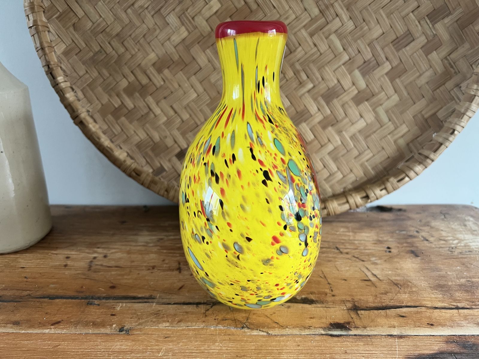 Mid Century Yellow Confetti Murano Style Vase With Red Flower Branch And Millefiori photo Home Decor
