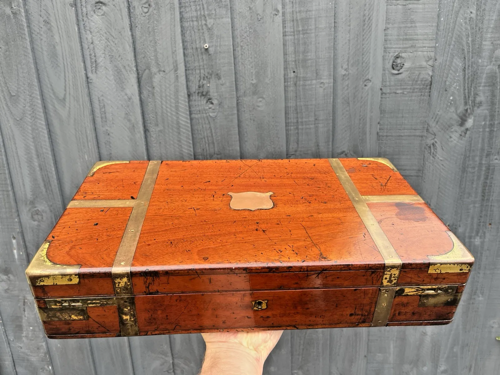 photo vinterior Large Antique Campaign Style Rosewood Brass Bound Coroners Wooden Tool Desk Box