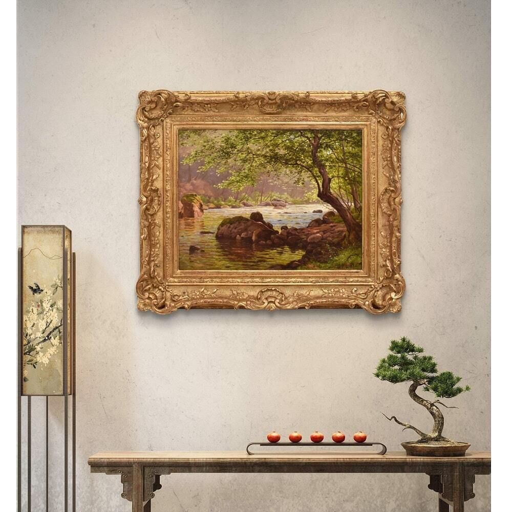 Antique Landscape With River Painting, Edmond His, XX Century. (Qp703) photo furniture