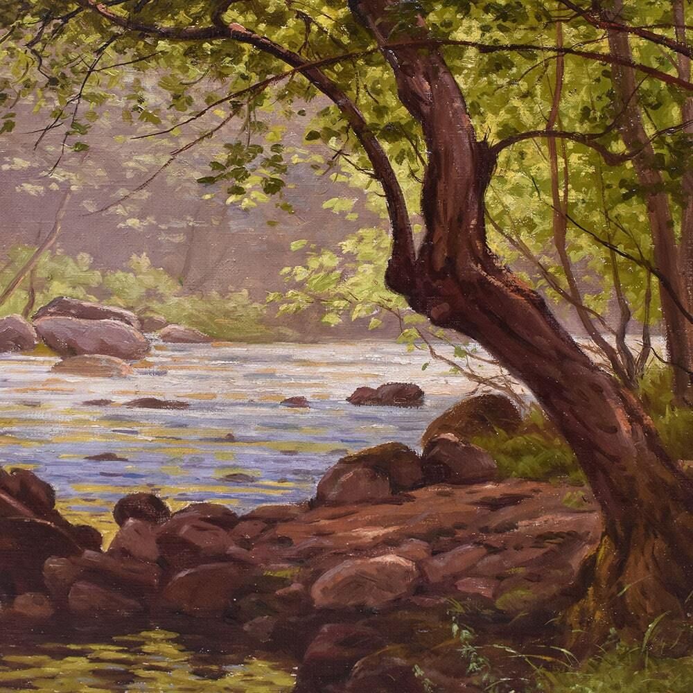 Antique Landscape With River Painting, Edmond His, XX Century. (Qp703) photo vintage